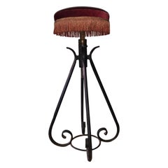 French Mid-Century Wrought Iron Red Velvet Gold Tassel Parisian Stool Pair