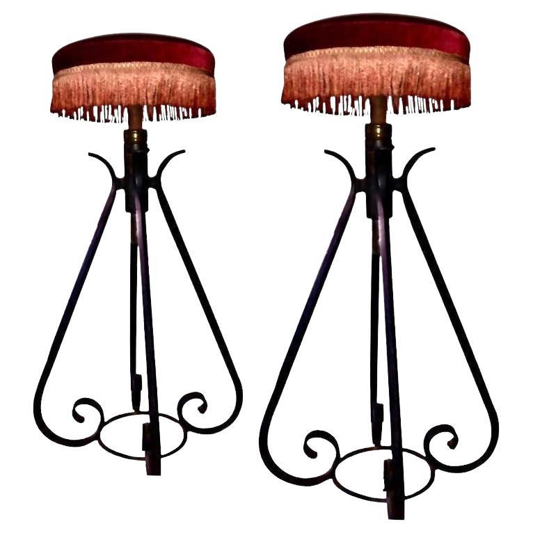 French Mid-Century Wrought Iron Red Velvet Gold Tassel Parisian Stool Pair