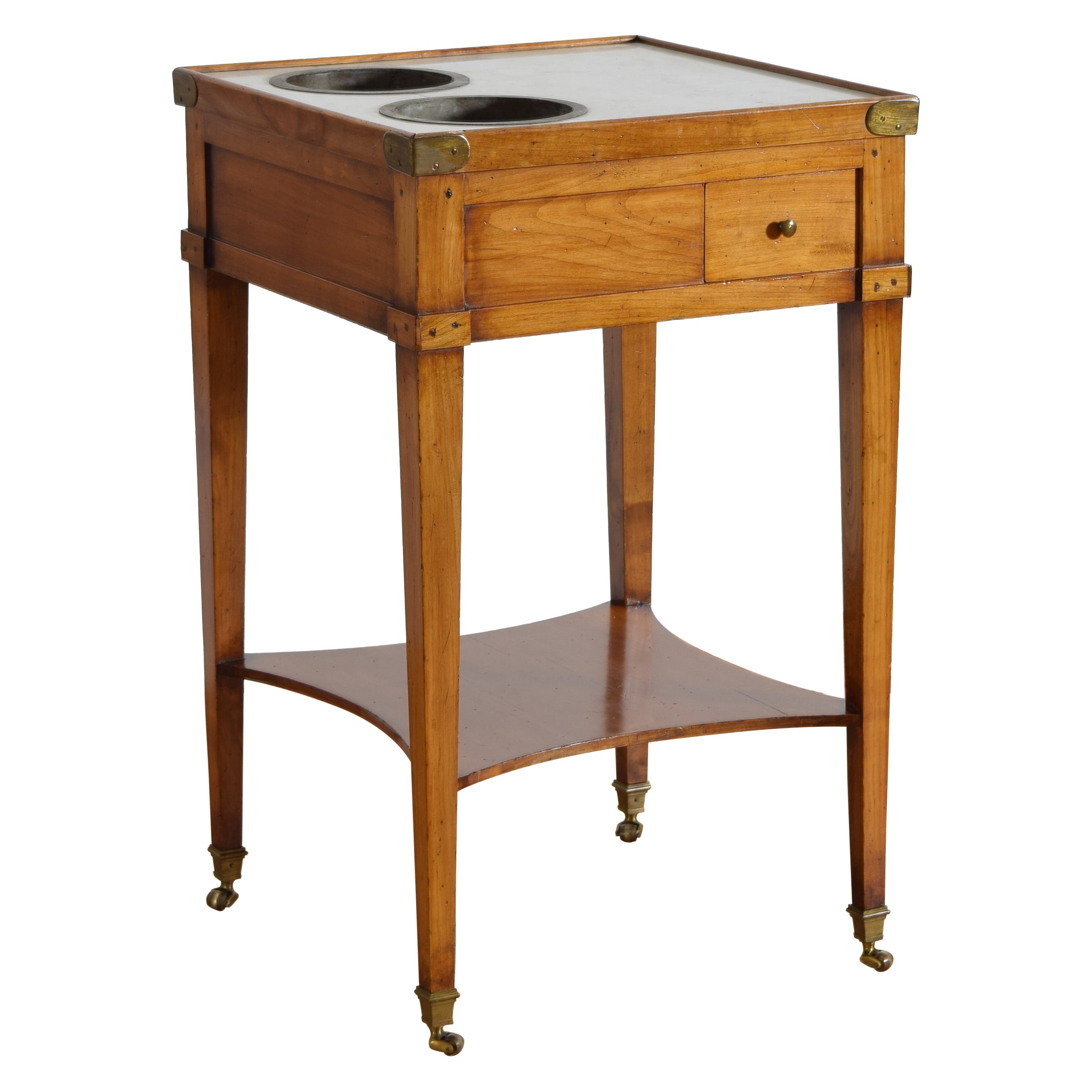 Rafraichissoir francés neoclásico medio de nogal, latón, mármol y cinc, ca. 1815 en venta