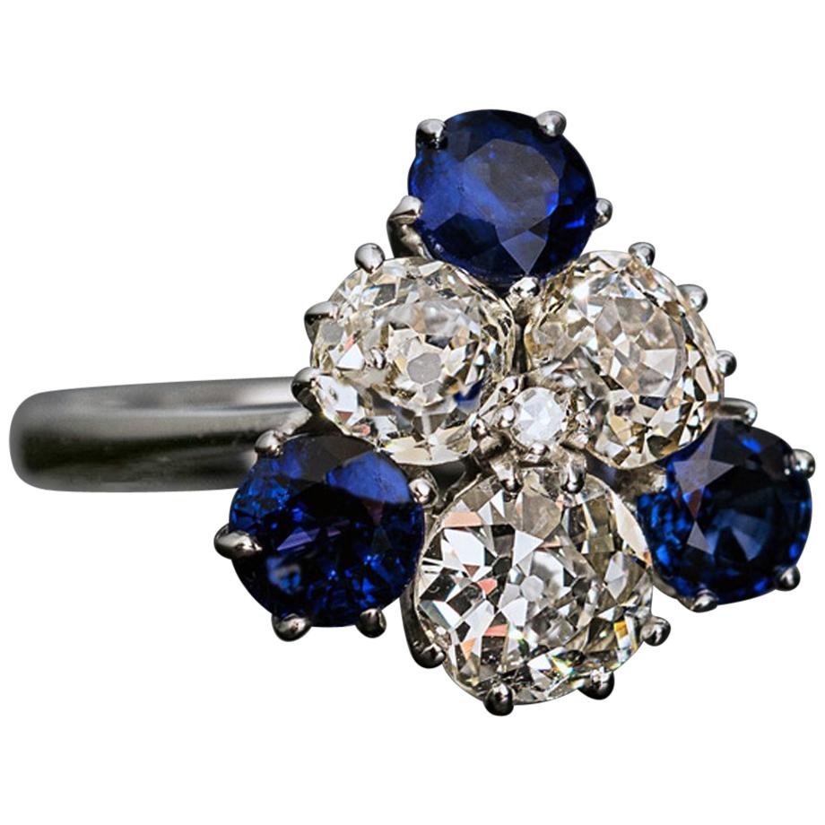 French Midcentury 2.25 Carat Old Mine Cut Diamond 1.79 Carat Sapphire Ring