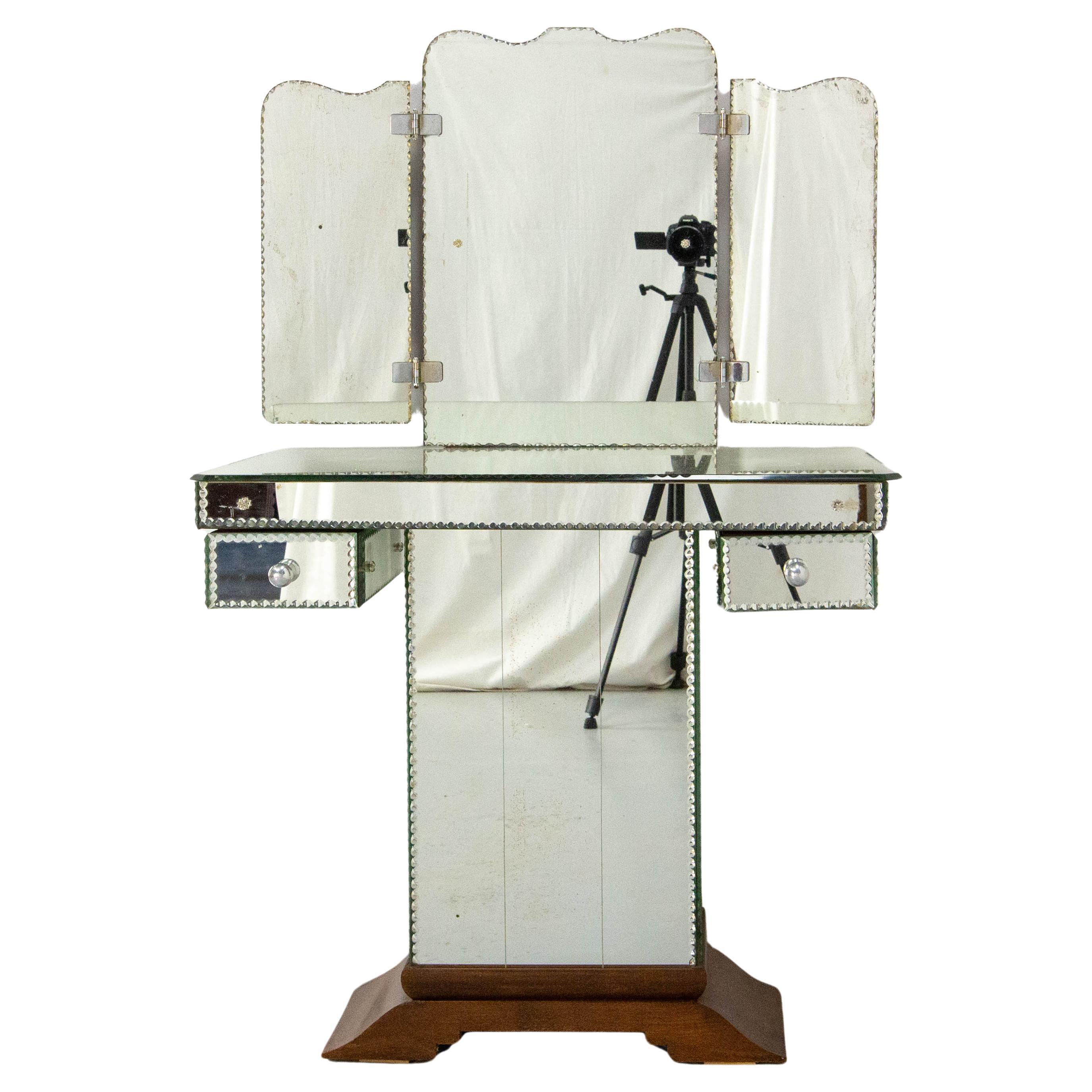 French Midcentury All Mirrored Dressing Table Vanity Unit Three Panel Mirror For Sale