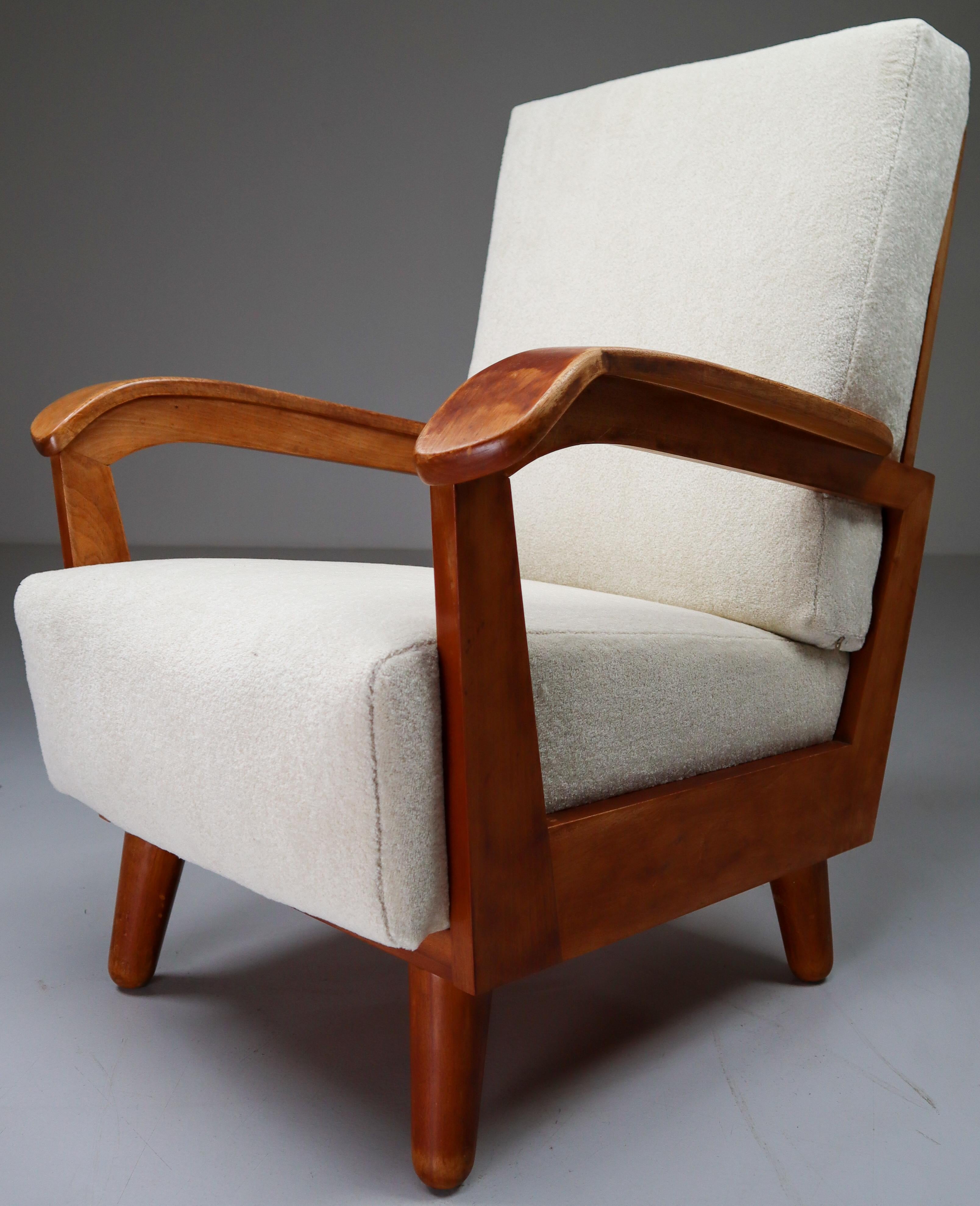 Mid-Century Modern French Midcentury Armchairs in Walnut and Reupholstered in Off-White Wool Fabric