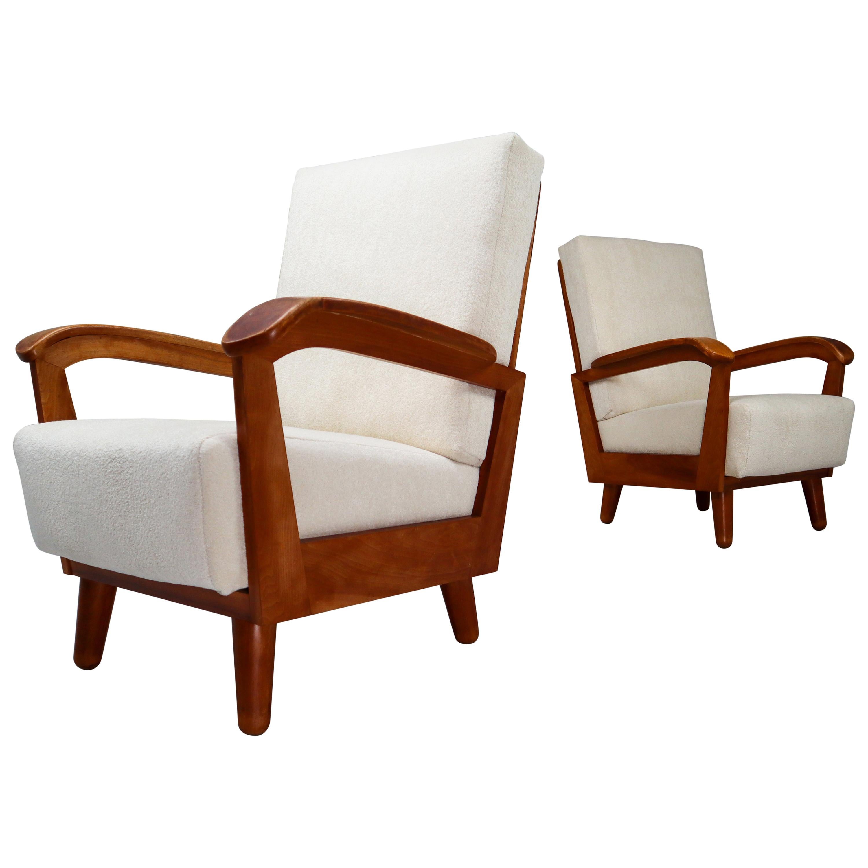 French Midcentury Armchairs in Walnut and Reupholstered in Off-White Wool Fabric