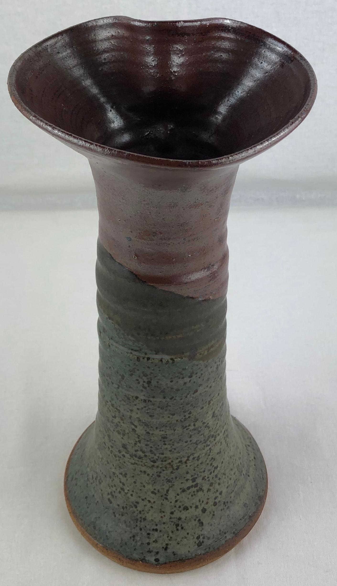 French Midcentury Sculpted Art Brut Earthenware Vase, Signed Neutral Brown For Sale 3
