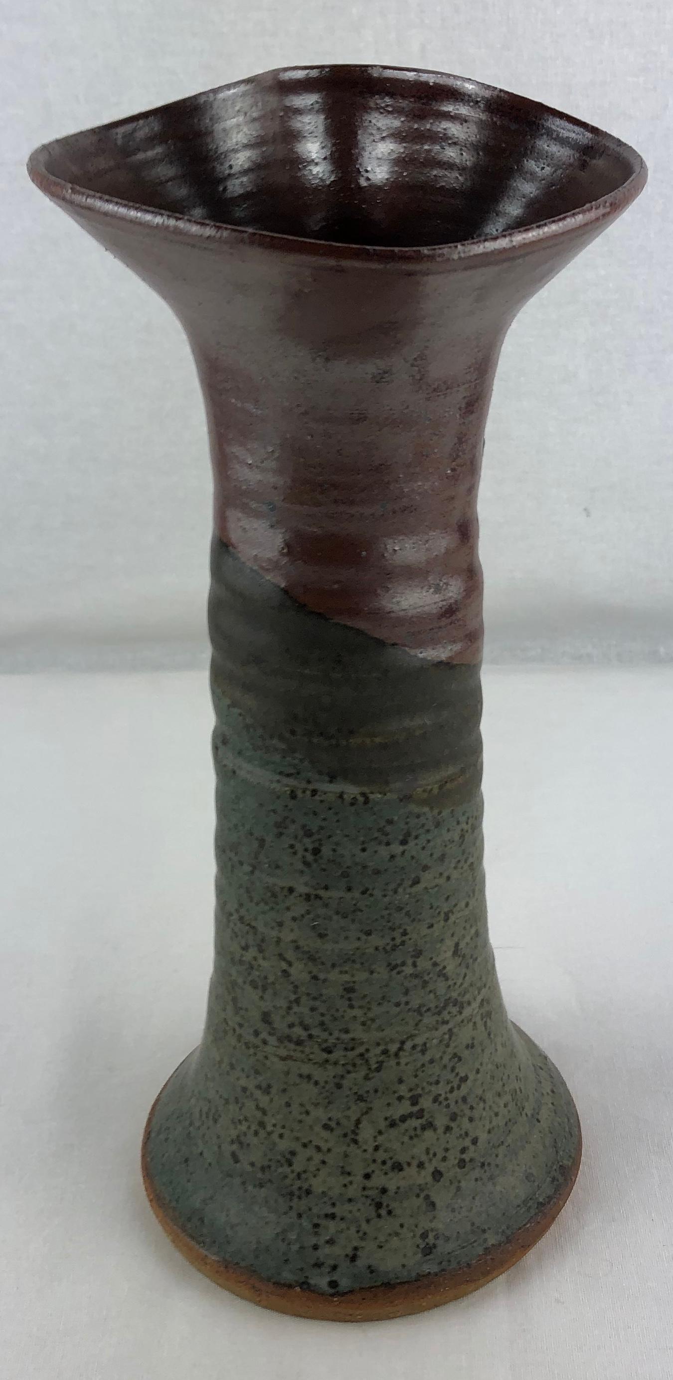 Glazed French Midcentury Sculpted Art Brut Earthenware Vase, Signed Neutral Brown For Sale