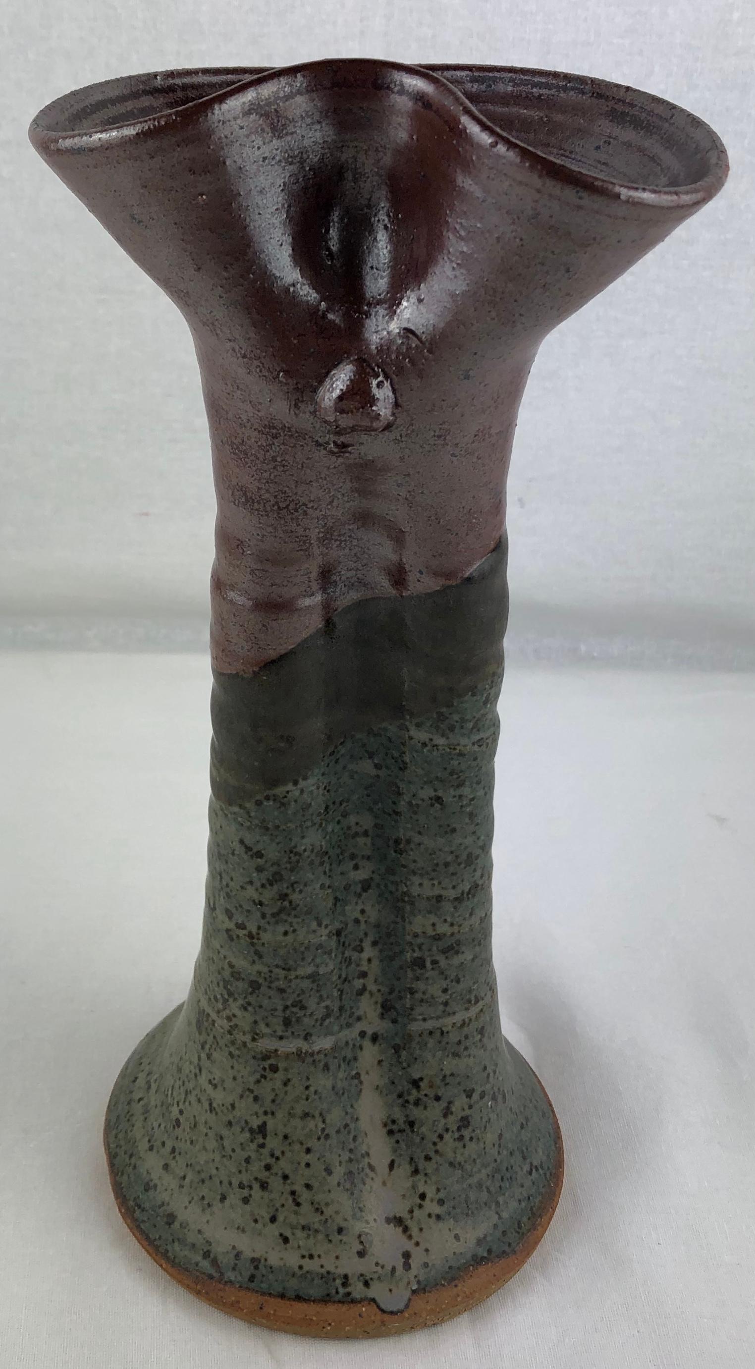 French Midcentury Sculpted Art Brut Earthenware Vase, Signed Neutral Brown In Good Condition For Sale In Miami, FL