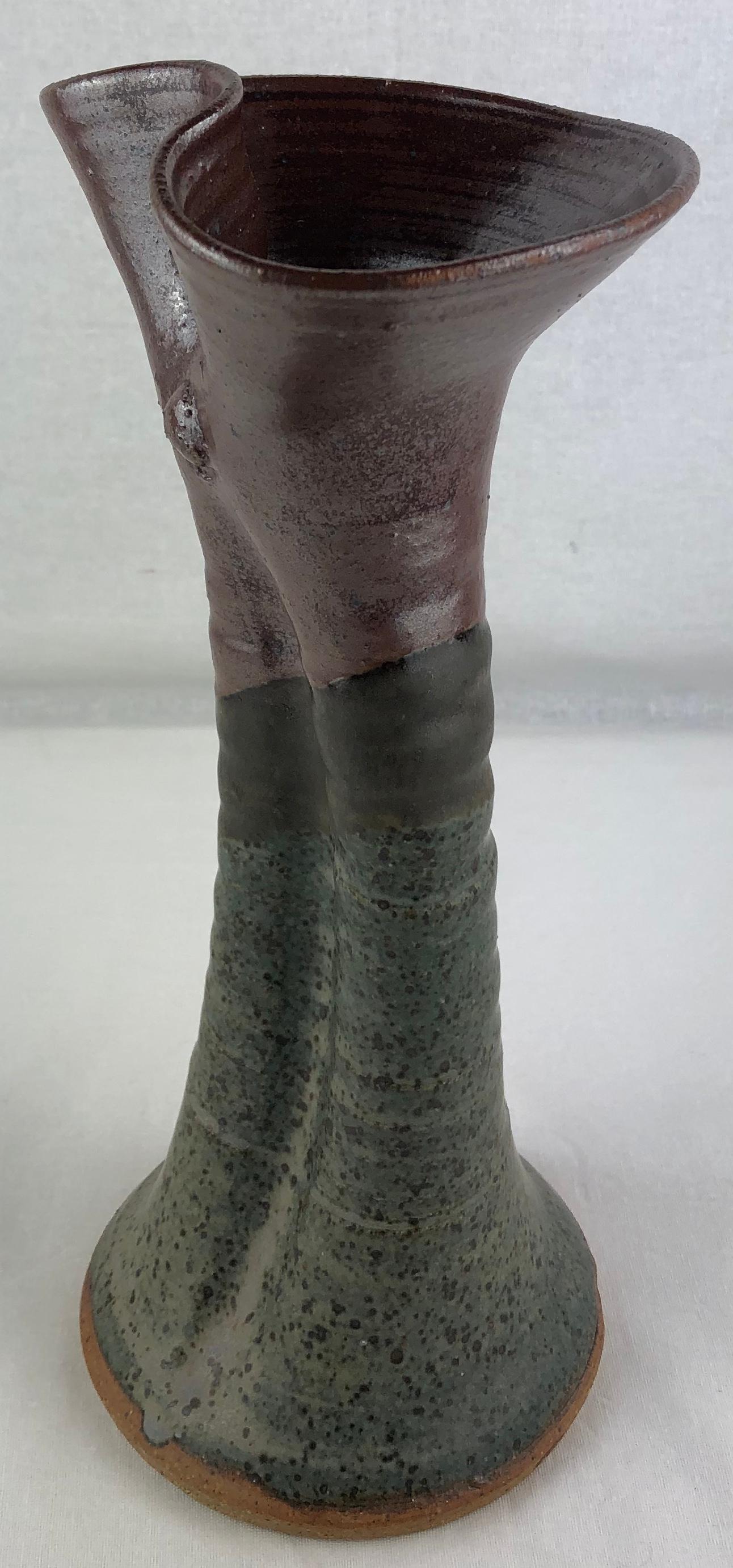 20th Century French Midcentury Sculpted Art Brut Earthenware Vase, Signed Neutral Brown For Sale