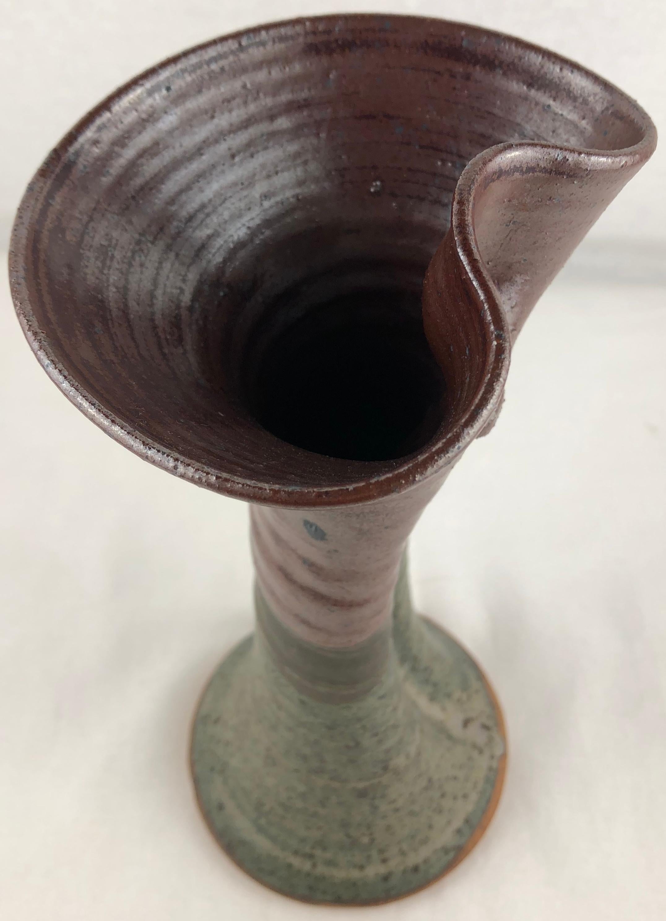 Ceramic French Midcentury Sculpted Art Brut Earthenware Vase, Signed Neutral Brown For Sale