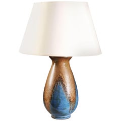 French Midcentury Art Pottery Vase as a Table Lamp with Blue and Bronze Glaze