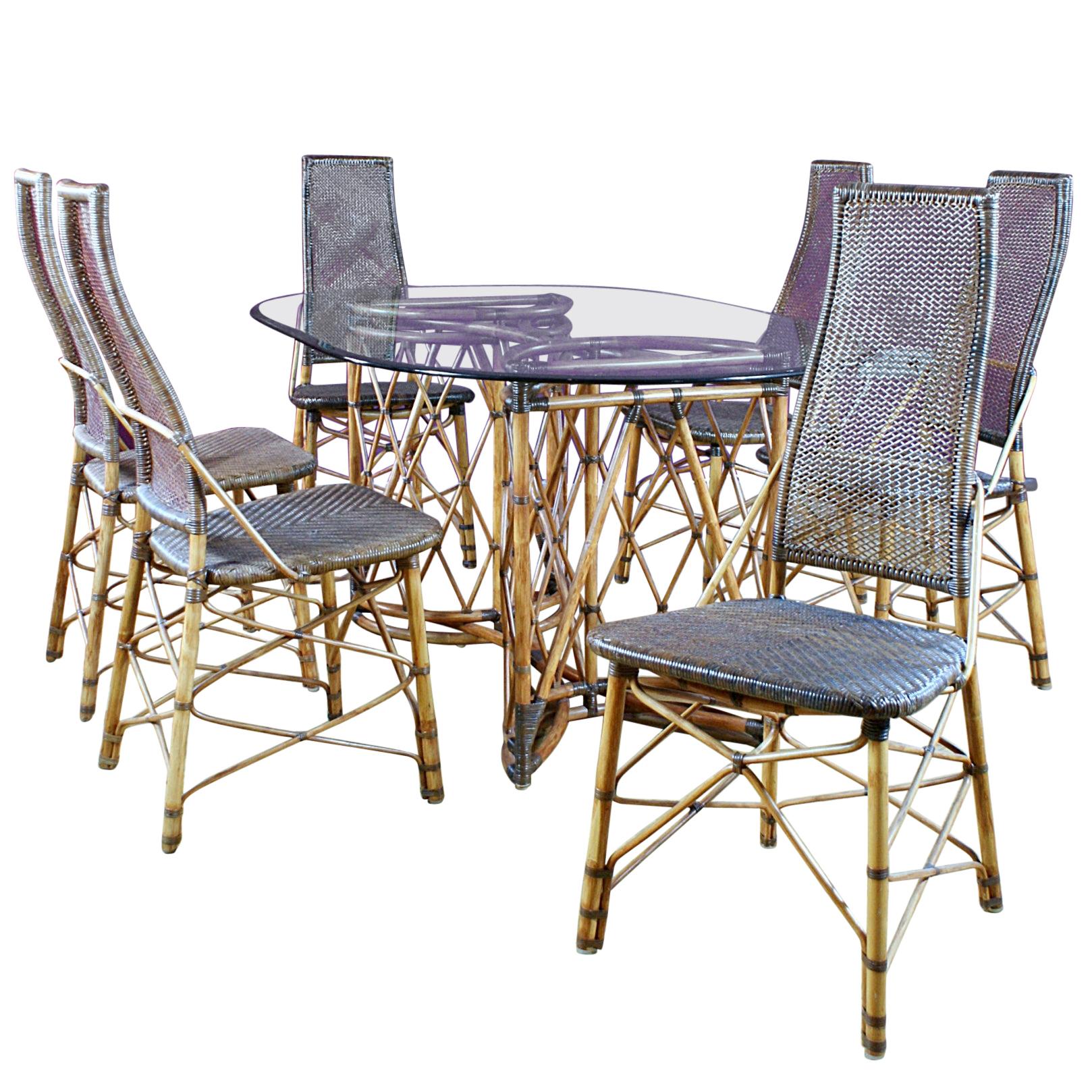 French Midcentury Bamboo & Rattan Dining Set, Six Highback Chairs, 1950, France For Sale