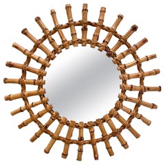 French Midcentury Bamboo Sunburst Wall Mirror