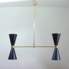 French Midcentury Black Double Cone Diabolo Pendant Chandelier, 1950s