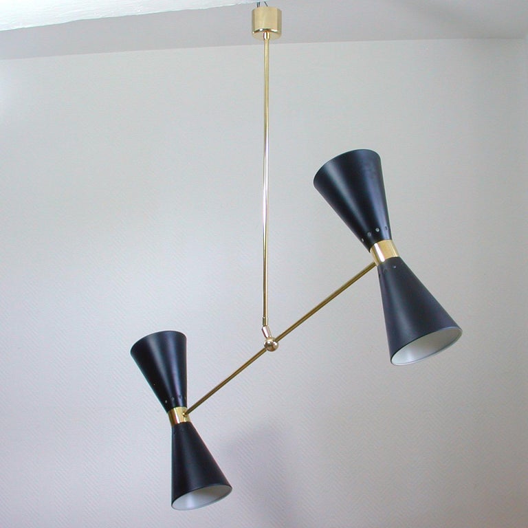 French Midcentury Black Double Cone Diabolo Pendant Chandelier, 1950s In Good Condition For Sale In Nümbrecht, NRW