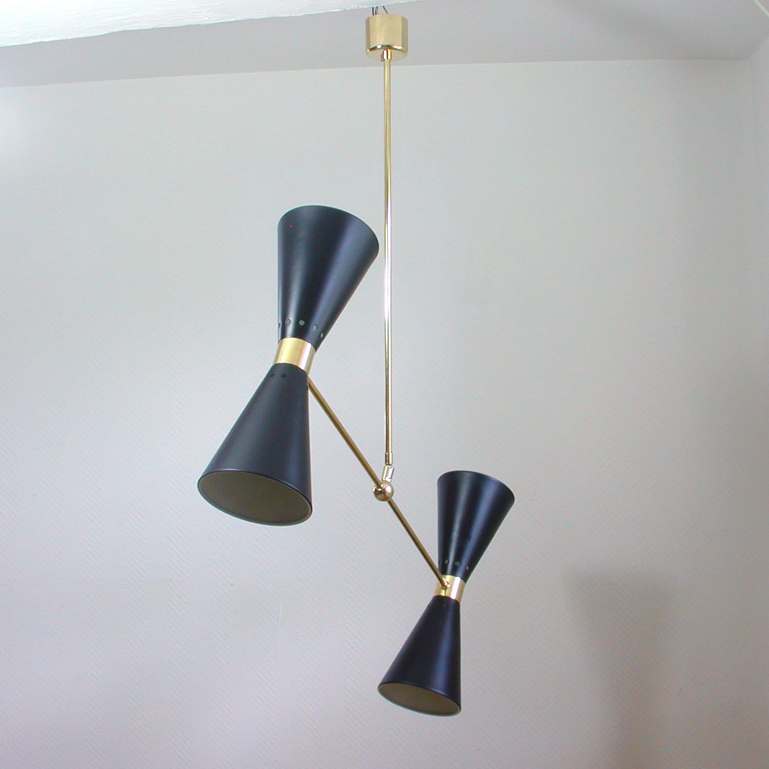 Mid-Century Modern French Midcentury Black Double Cone Diabolo Pendant Chandelier, 1950s For Sale