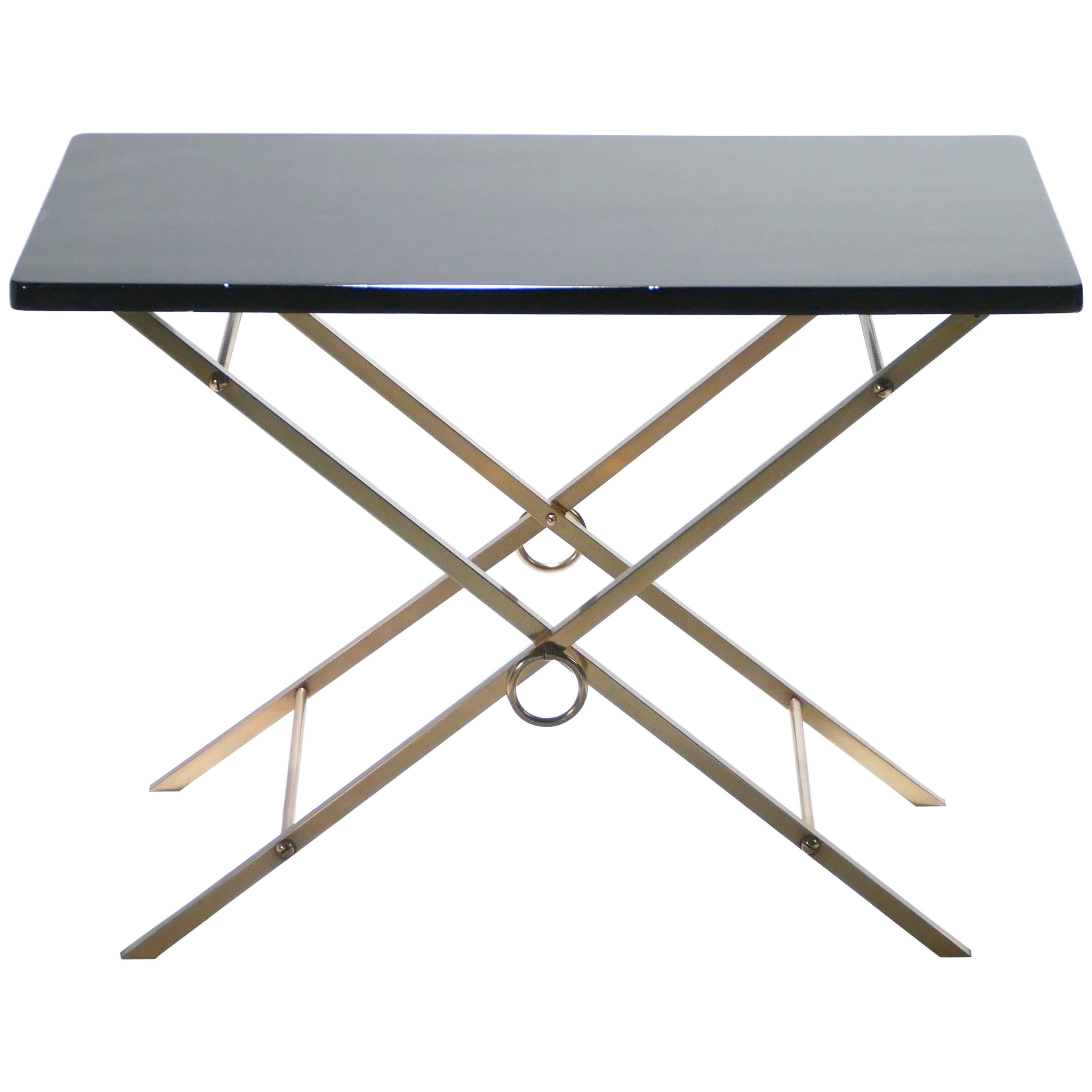 French Midcentury Black Lacquer and Brass Side Table Adnet Style, 1960s For Sale