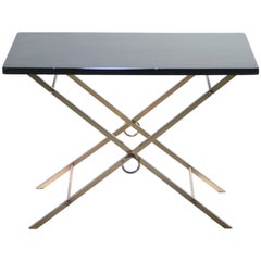 French Midcentury Black Lacquer and Brass Side Table Adnet Style, 1960s