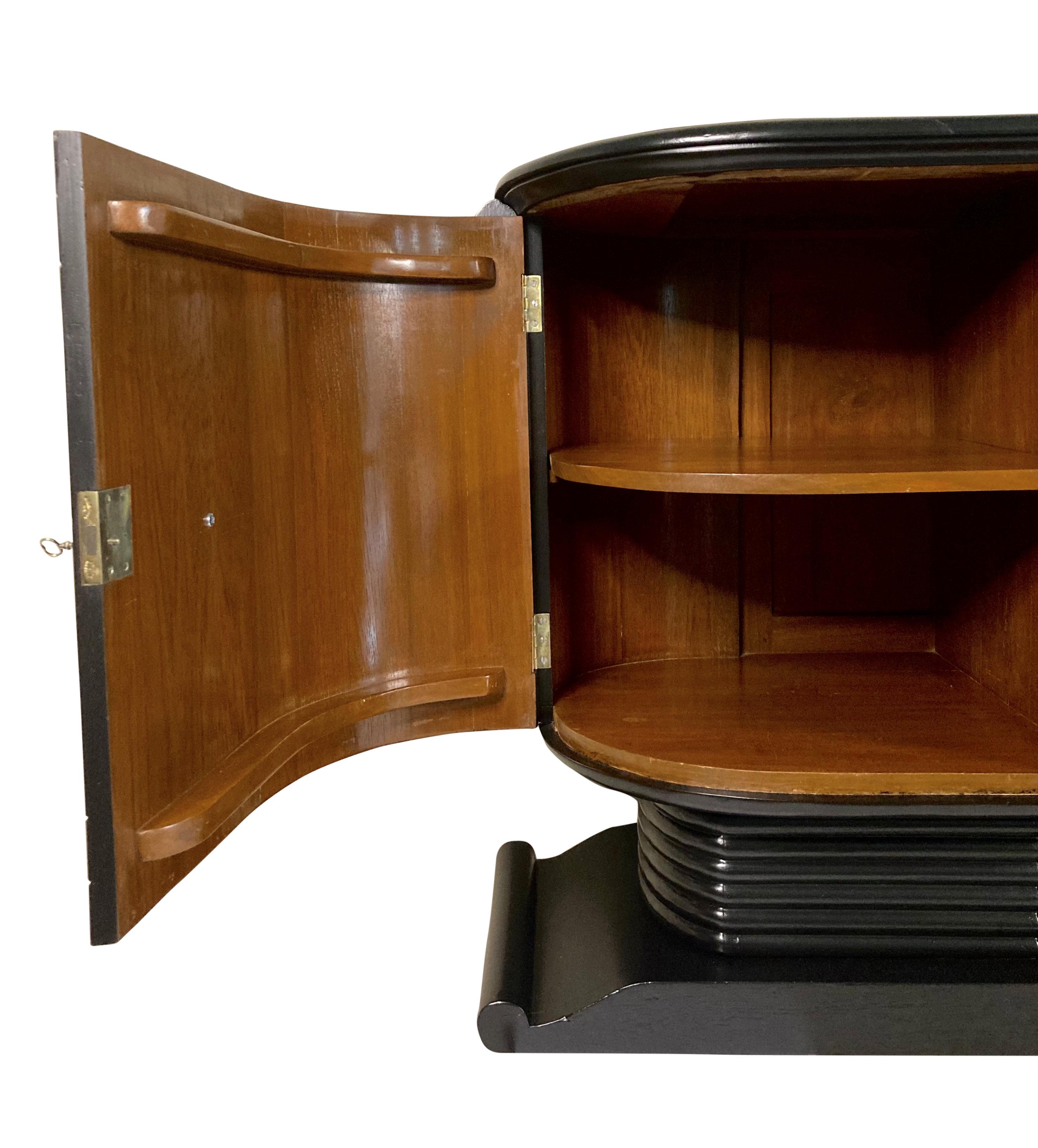 Cut Glass French Midcentury black Lacquered Bar Cabinet For Sale