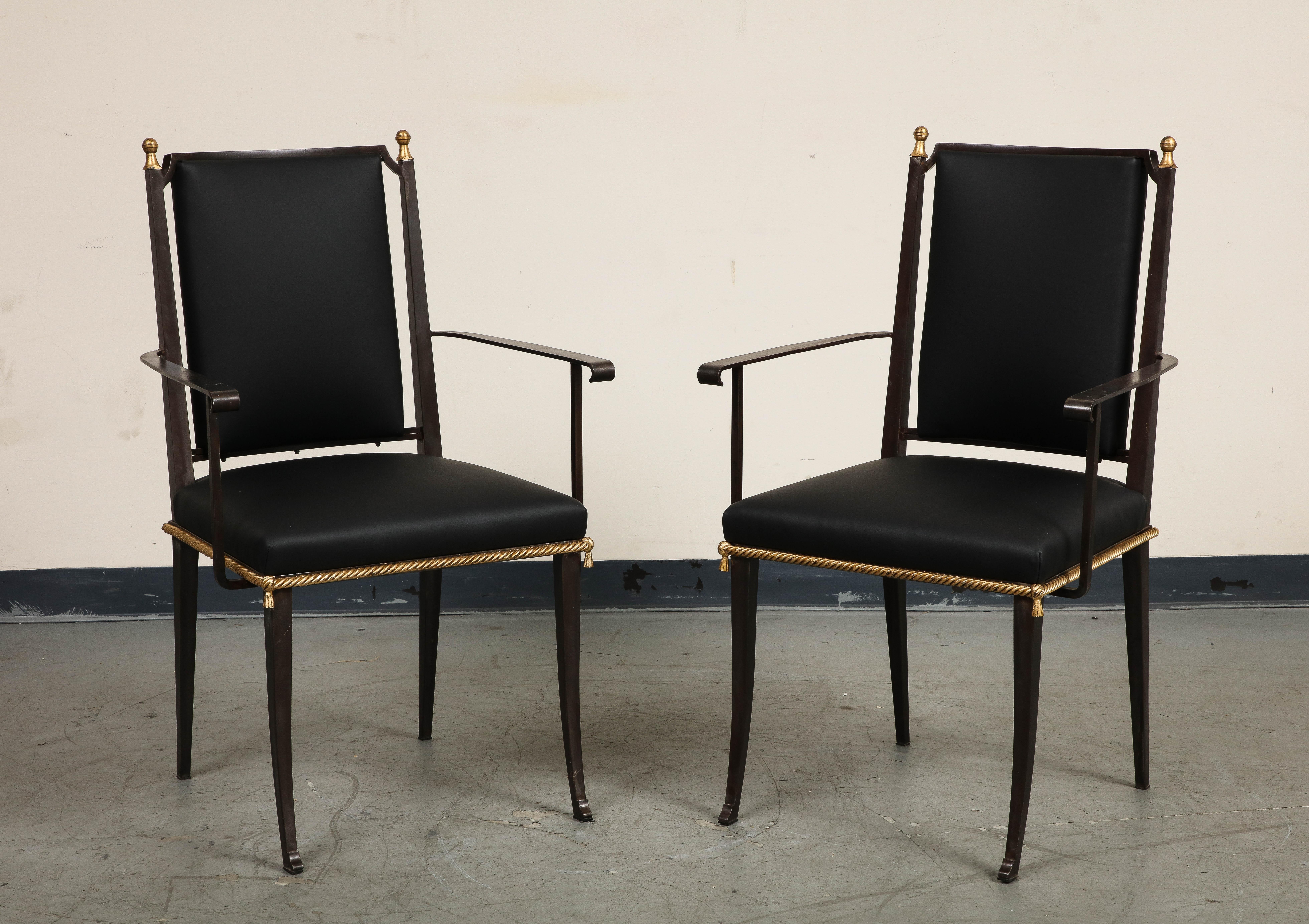20th Century French Midcentury Blackened Iron Dining Chairs, Set of 7 For Sale
