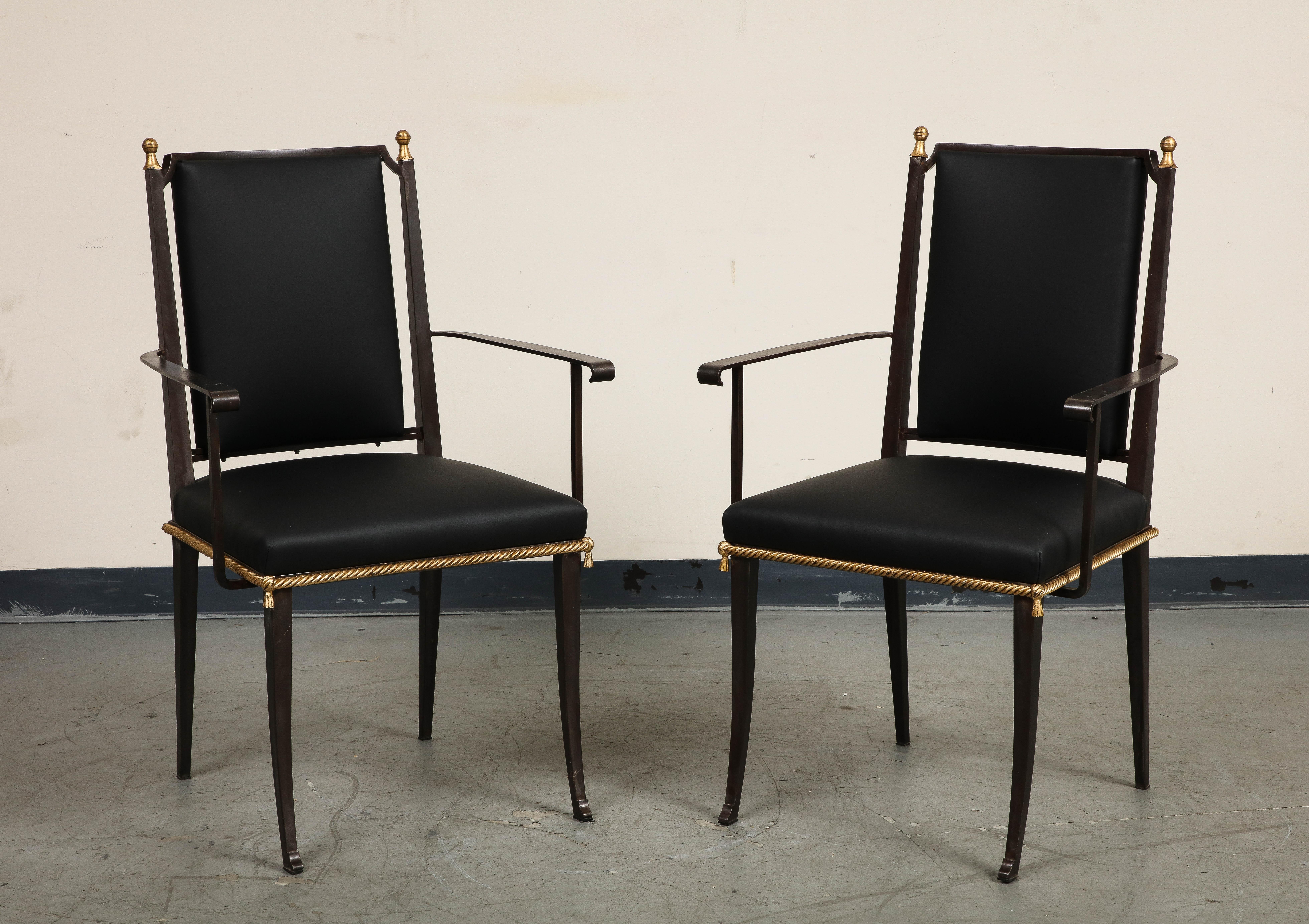 Mid-Century Modern French Midcentury Blackened Iron & Gilt Dining Chairs, Set of 6 For Sale