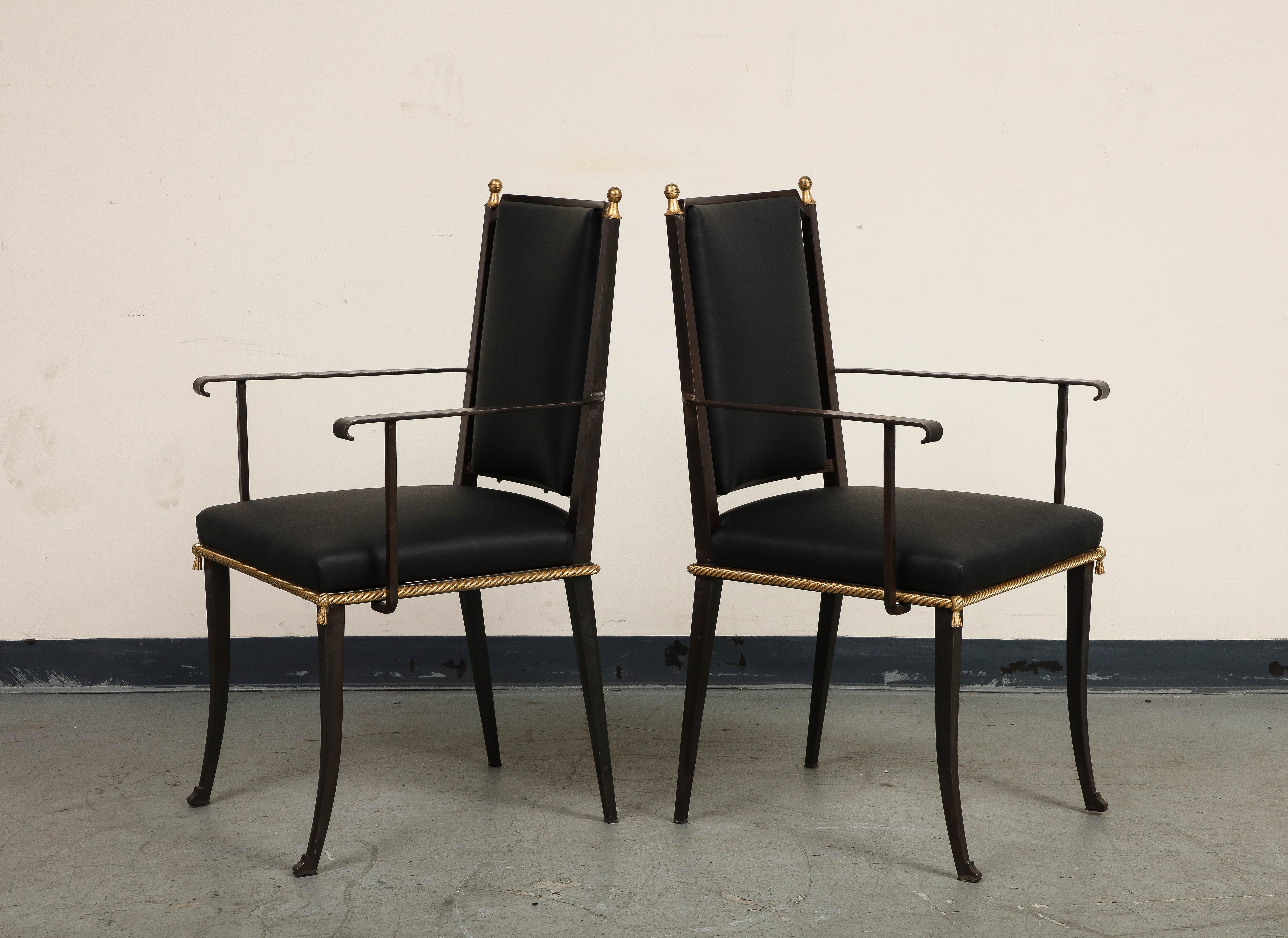 French Midcentury Blackened Iron & Gilt Dining Chairs, Set of 6 In Good Condition For Sale In Chicago, IL