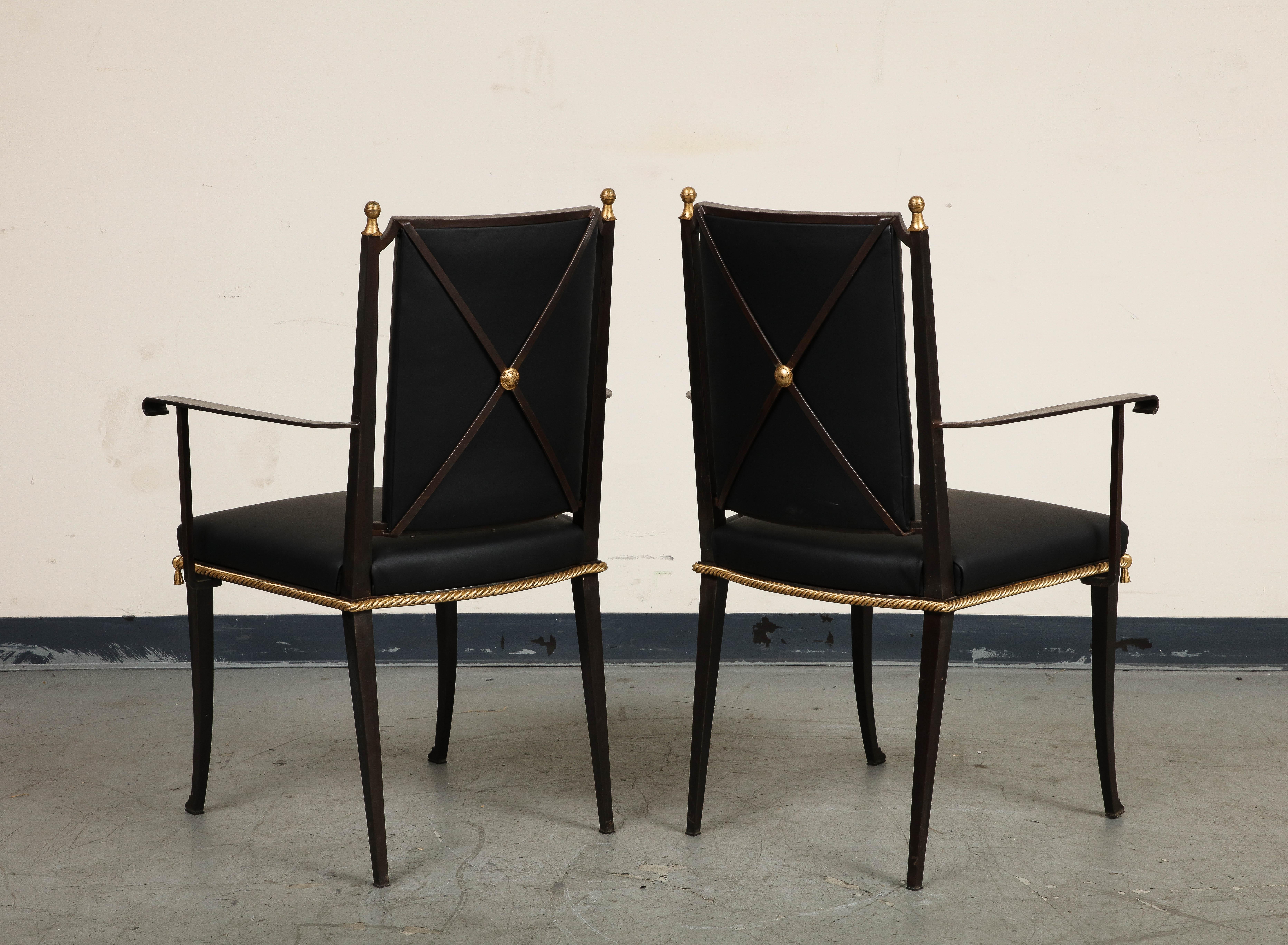 Leather French Midcentury Blackened Iron & Gilt Dining Chairs, Set of 6 For Sale