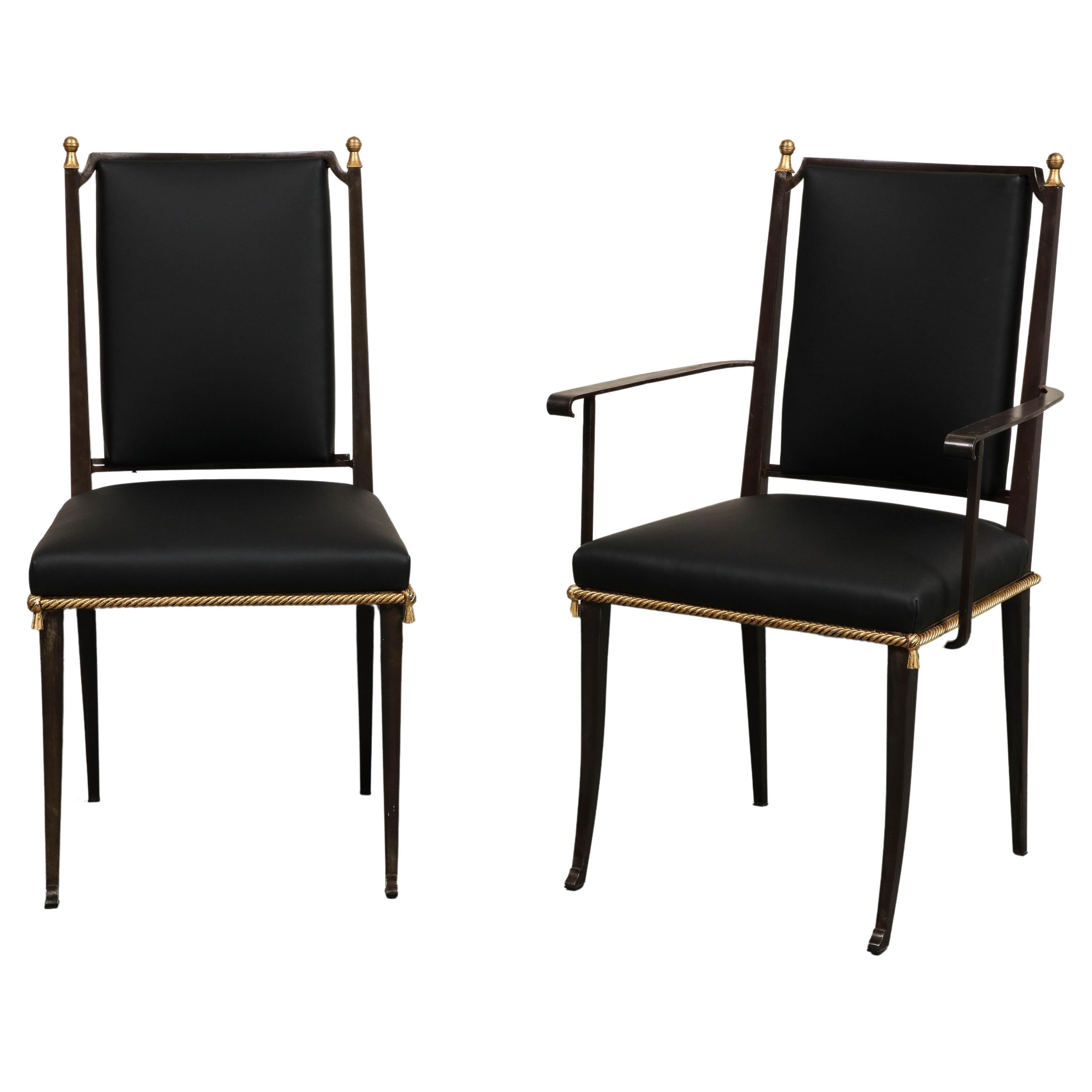 French Midcentury Blackened Iron & Gilt Dining Chairs, Set of 6 For Sale