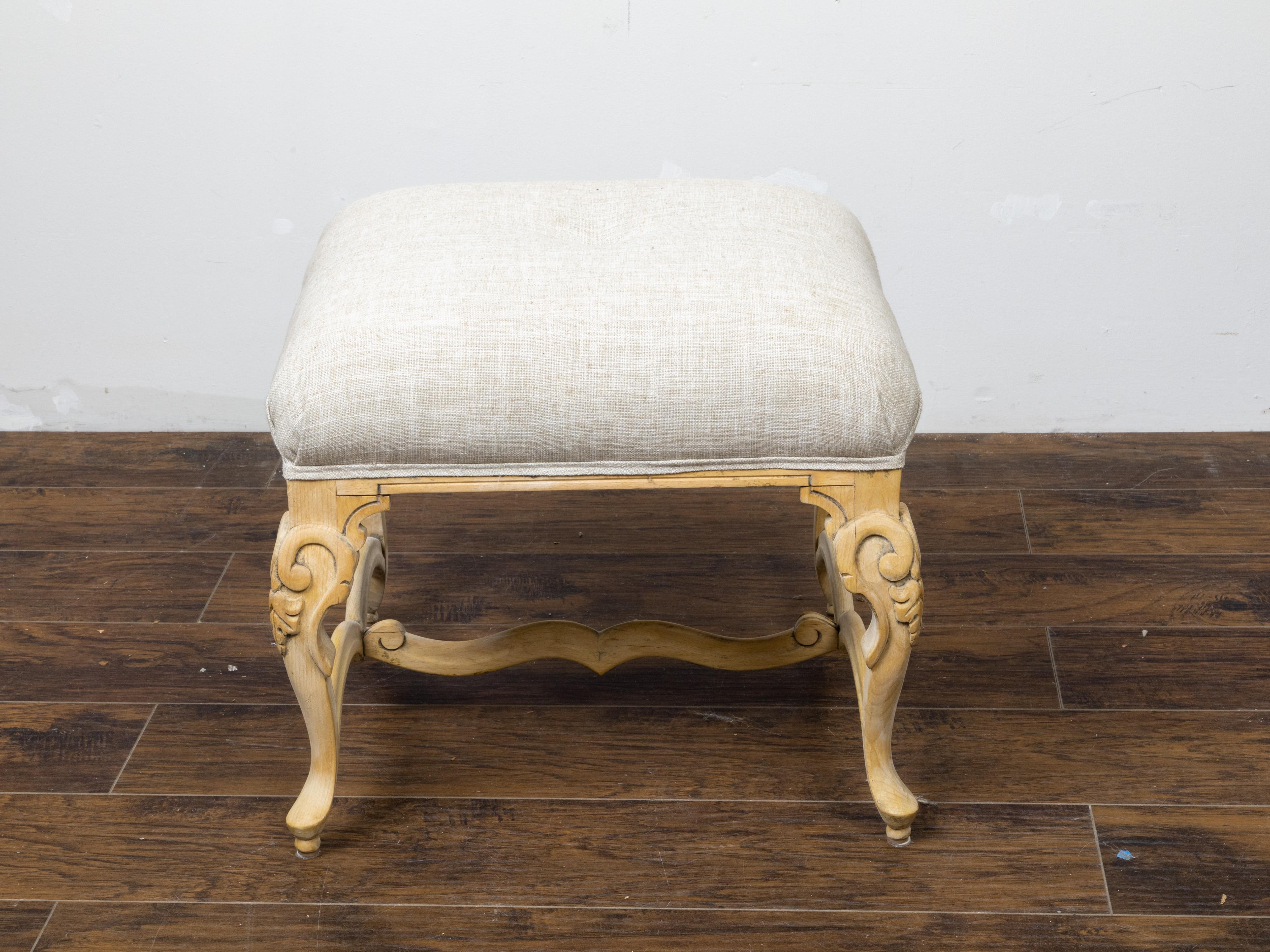 French Midcentury Bleached Wood Stool with Carved Legs and New Upholstery In Good Condition For Sale In Atlanta, GA