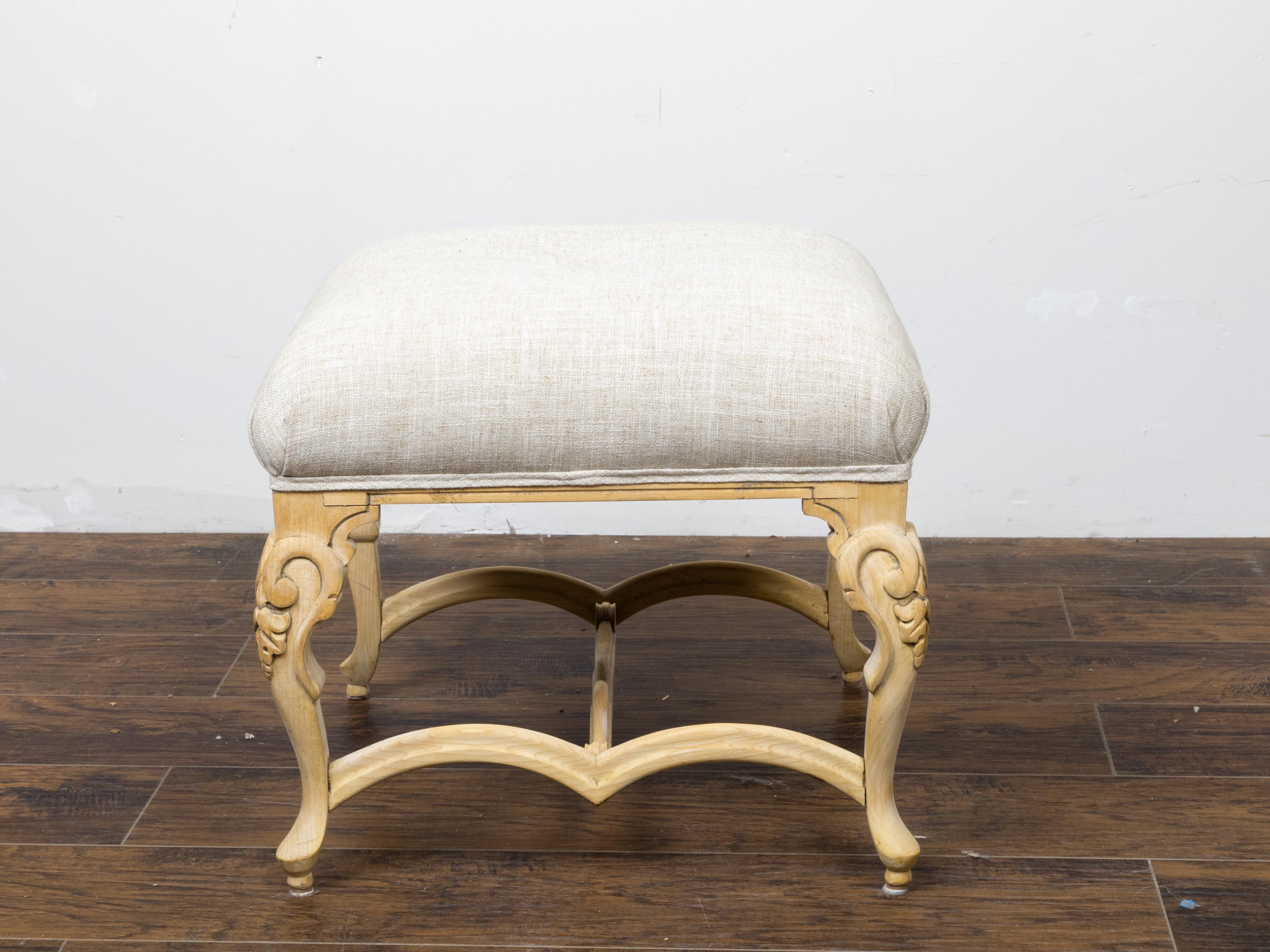 French Midcentury Bleached Wood Stool with Carved Legs and New Upholstery In Good Condition For Sale In Atlanta, GA