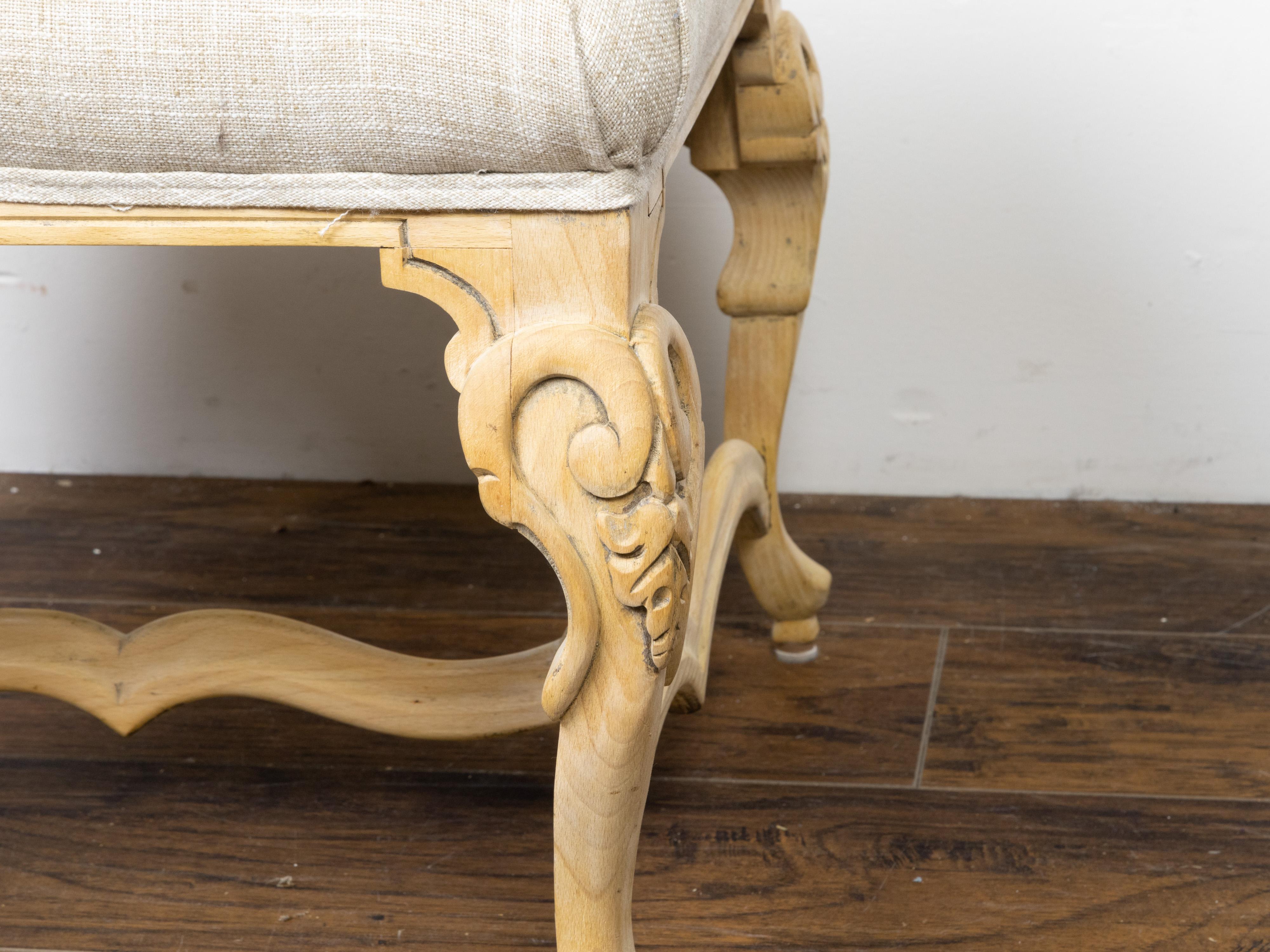 French Midcentury Bleached Wood Stool with Carved Legs and New Upholstery For Sale 2
