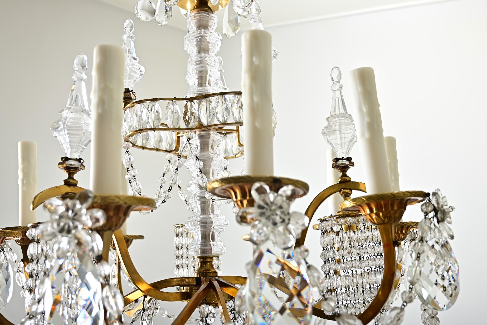 Vetro Lampadario francese del Medioevo in ottone e cristallo