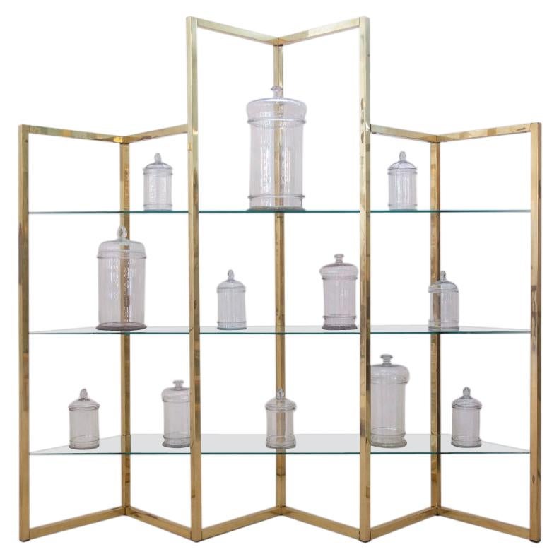 French Midcentury Brass and Glass Angular Formed Shelving Unit For Sale