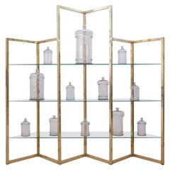 Retro French Midcentury Brass and Glass Angular Formed Shelving Unit