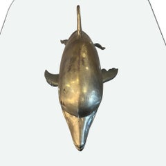 French Midcentury Brass and Glass Coffee Table With Dophin And Wave Design