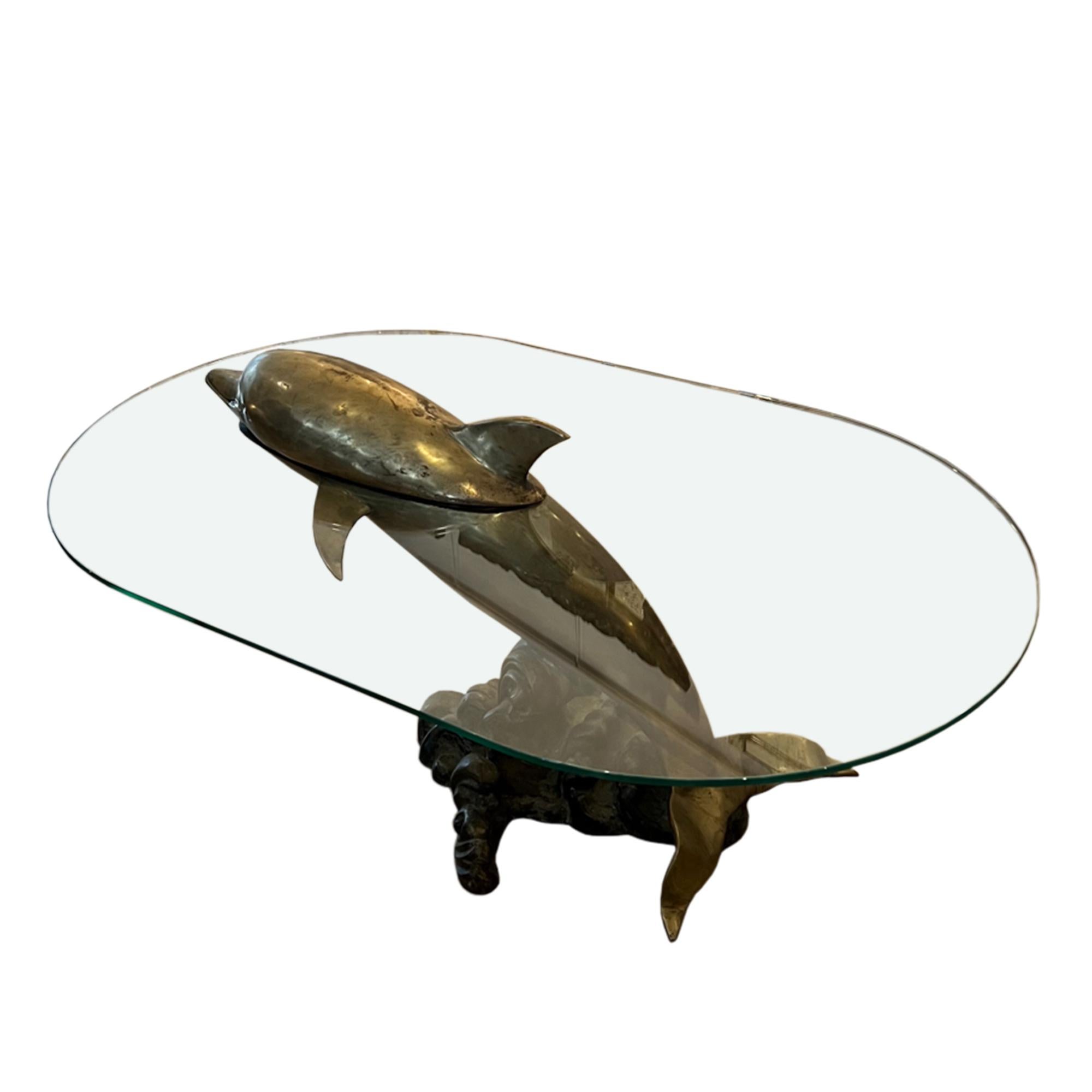 Mid-20th Century French Midcentury Brass and Glass Dolphin Coffee Table For Sale
