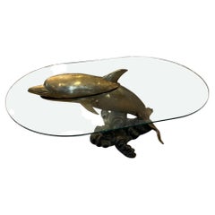 Vintage French Midcentury Brass and Glass Dolphin Coffee Table