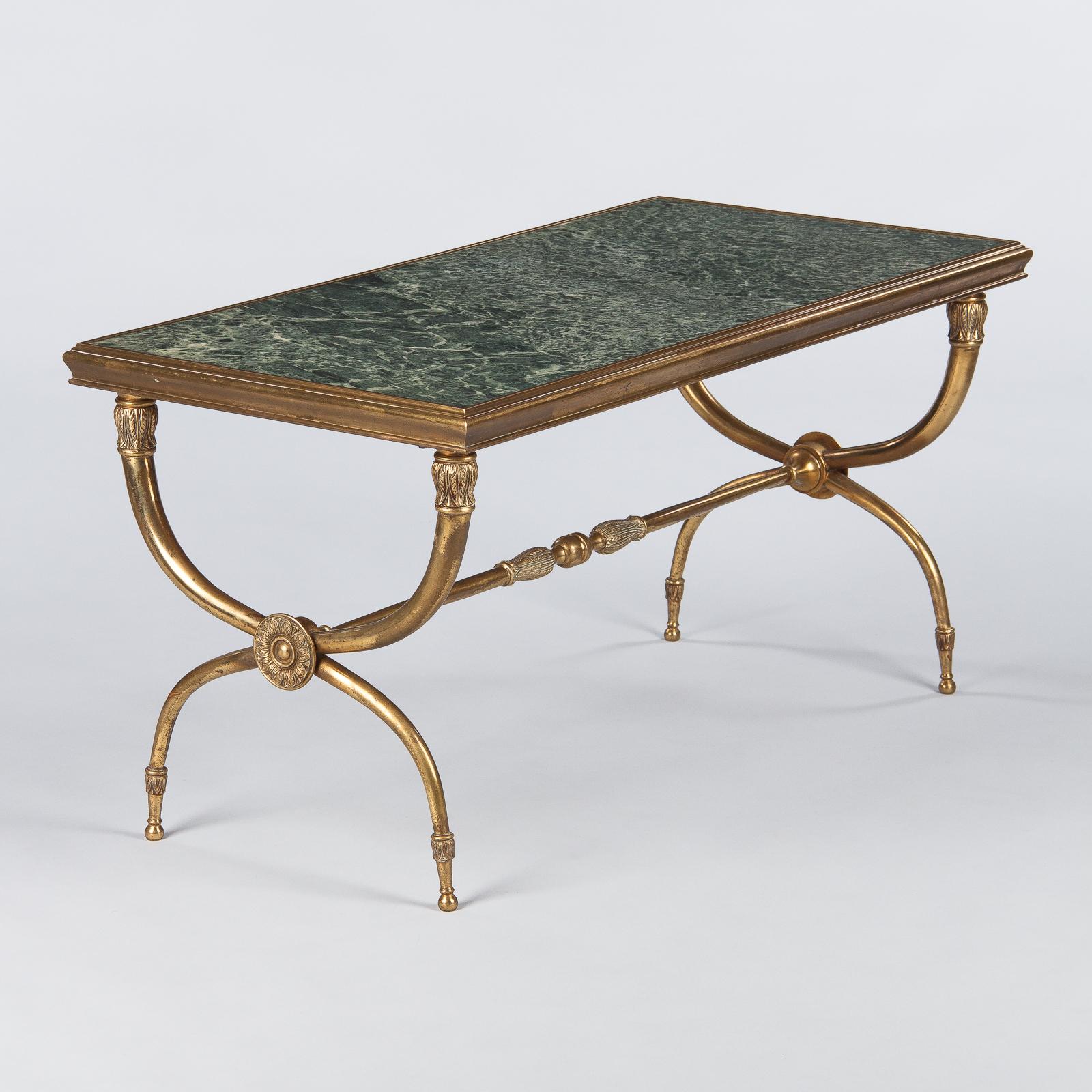 Mid-Century Modern French Midcentury Brass and Marble Coffee Table Attributed to Raymond Subes