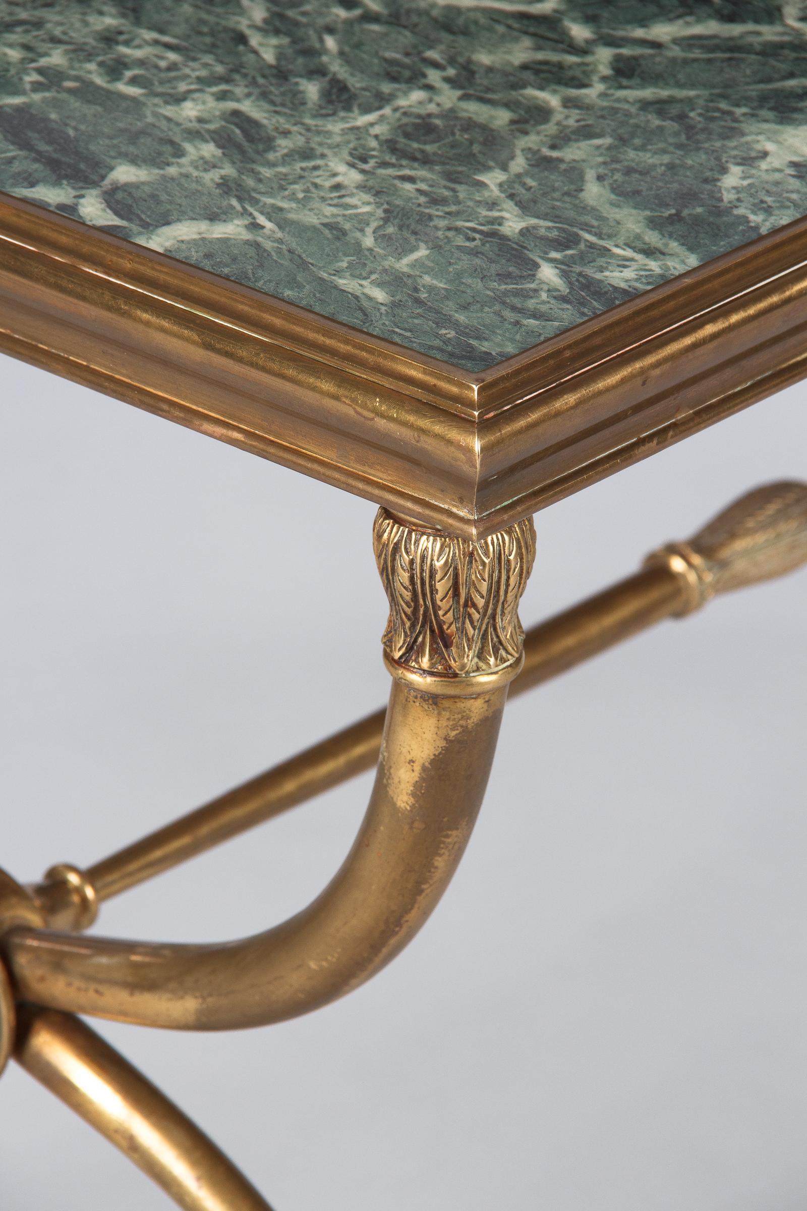 French Midcentury Brass and Marble Coffee Table Attributed to Raymond Subes In Good Condition In Austin, TX