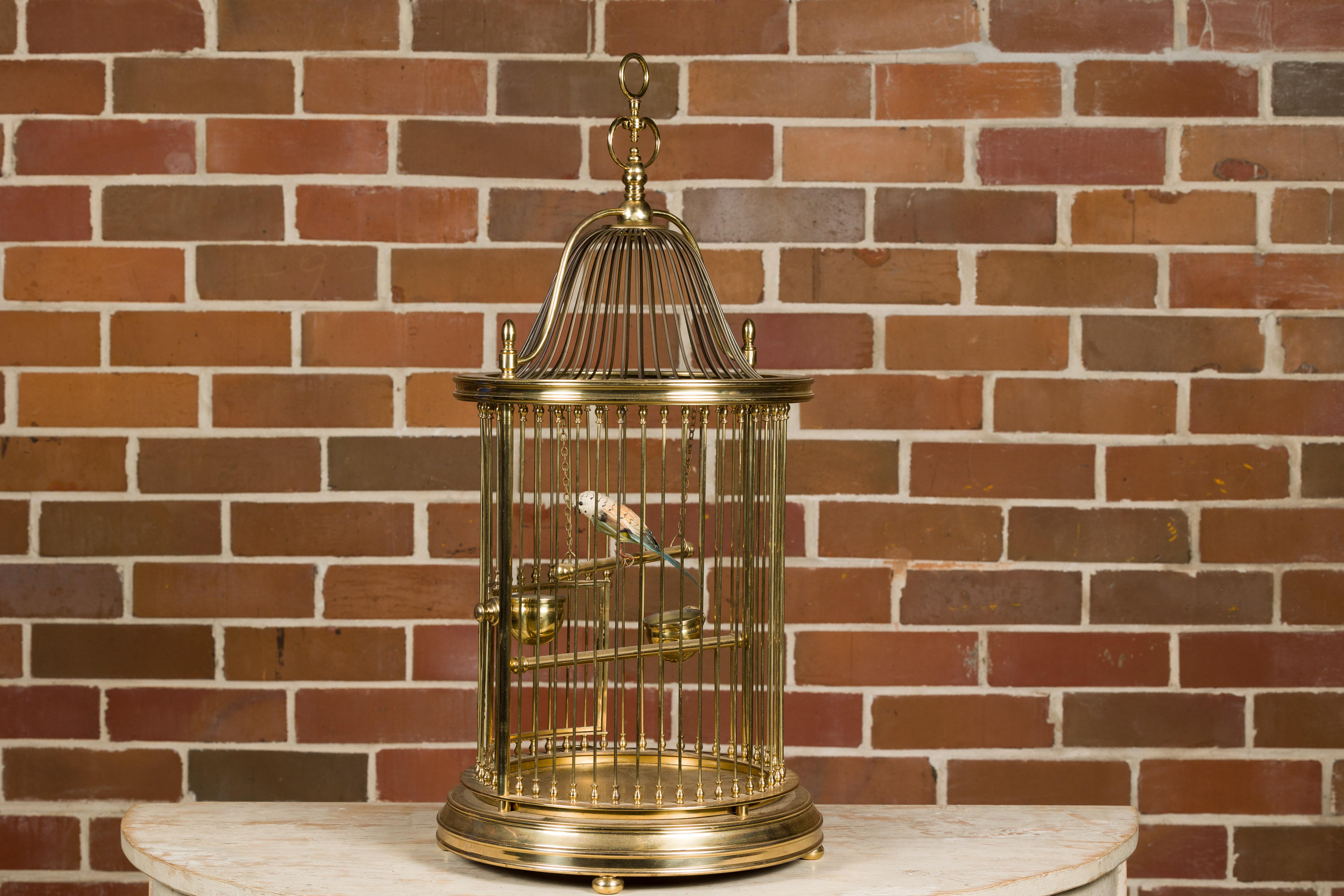 French Midcentury Brass Circular Birdcage with Decorative Bird For Sale 5