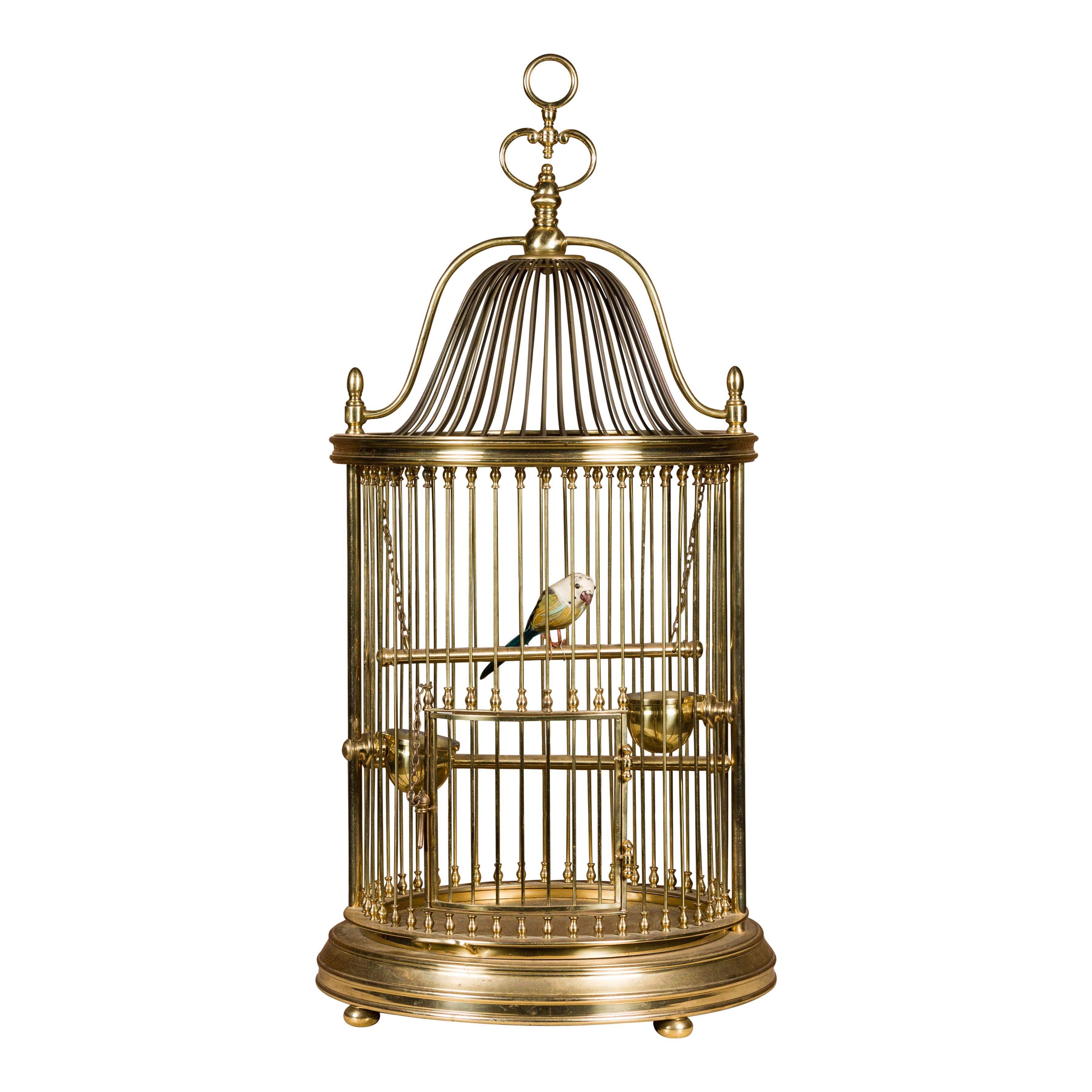 French Midcentury Brass Circular Birdcage with Decorative Bird For Sale 6
