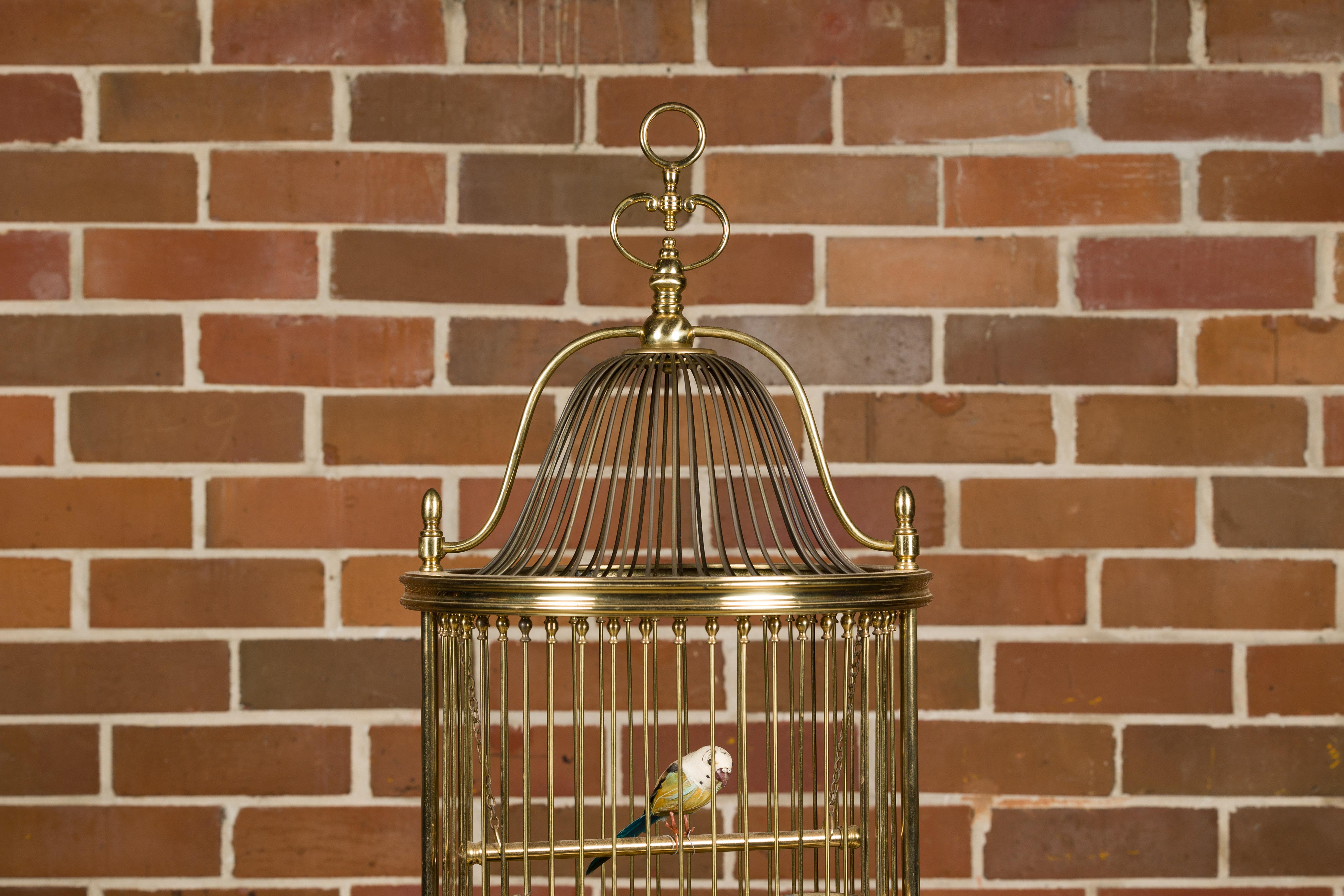 20th Century French Midcentury Brass Circular Birdcage with Decorative Bird For Sale