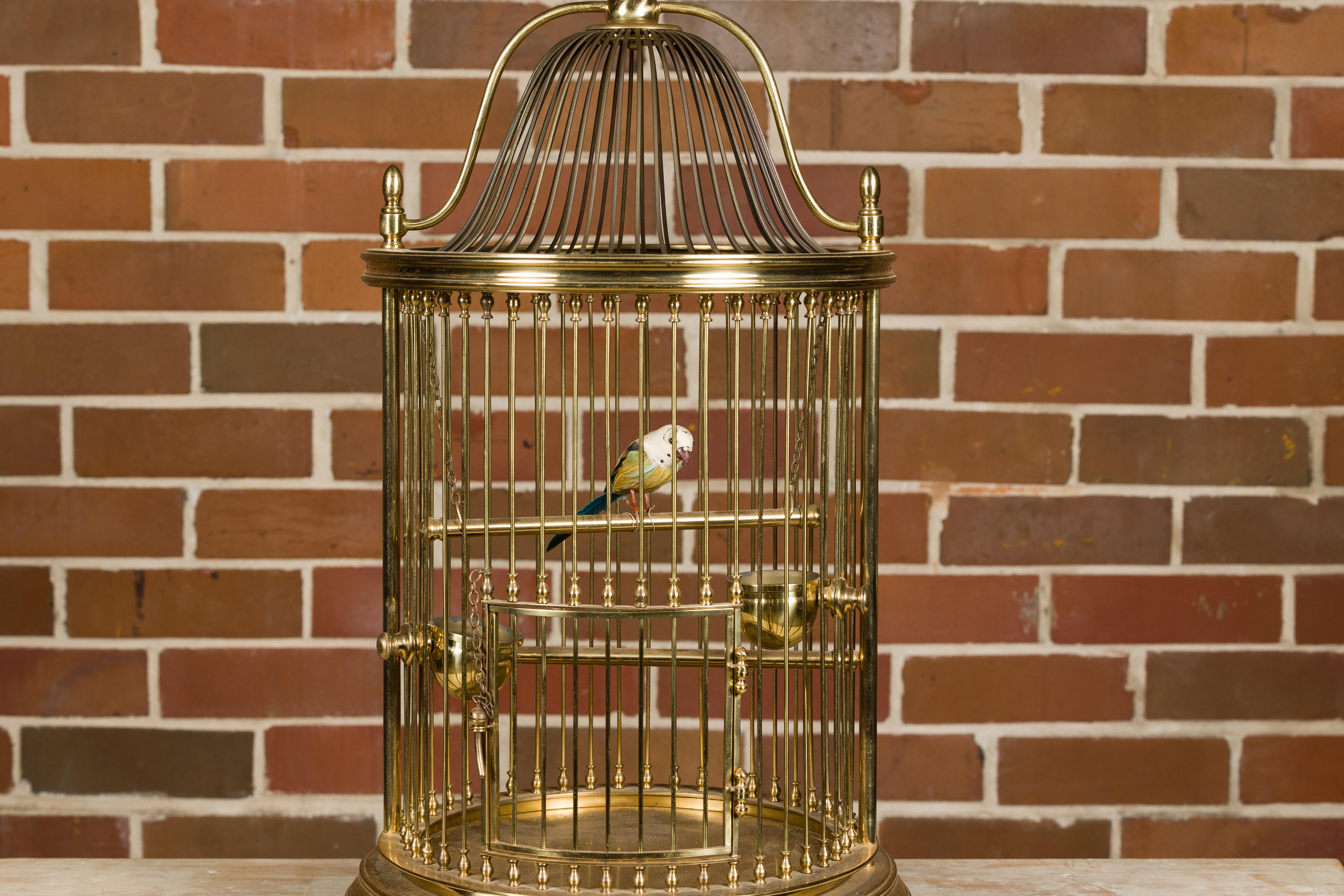 French Midcentury Brass Circular Birdcage with Decorative Bird For Sale 1