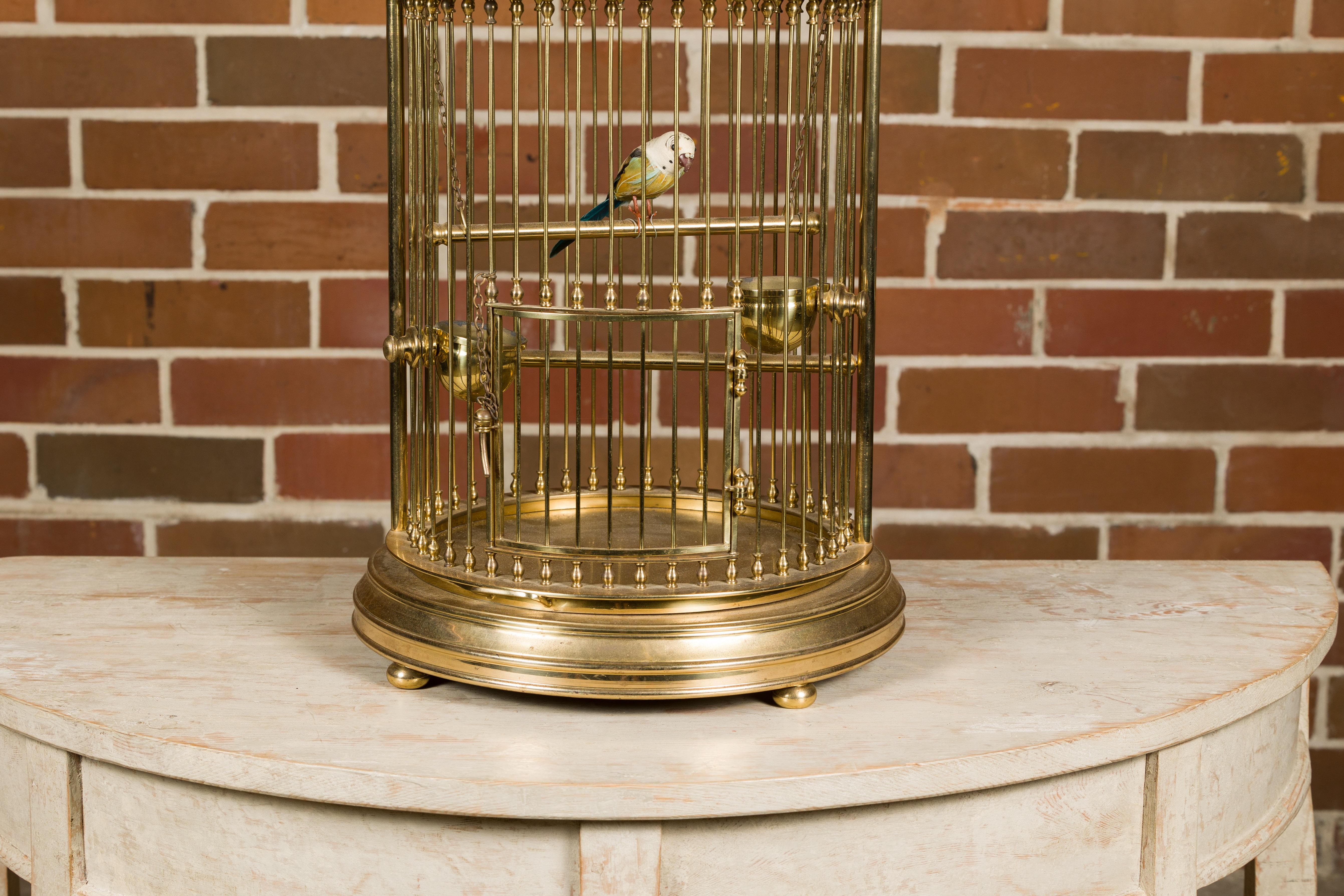 20th Century French Midcentury Brass Circular Birdcage with Decorative Bird For Sale