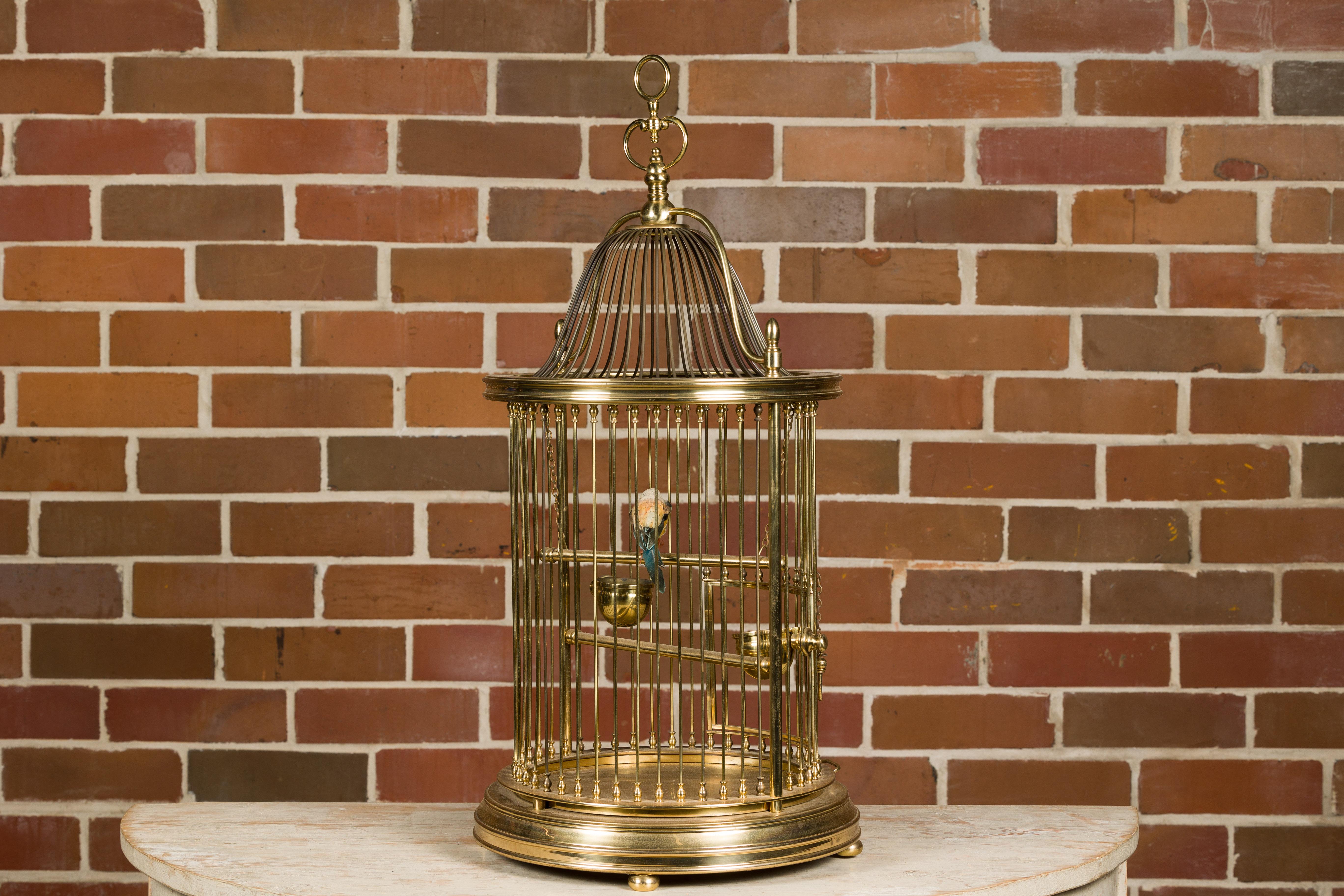 French Midcentury Brass Circular Birdcage with Decorative Bird For Sale 2