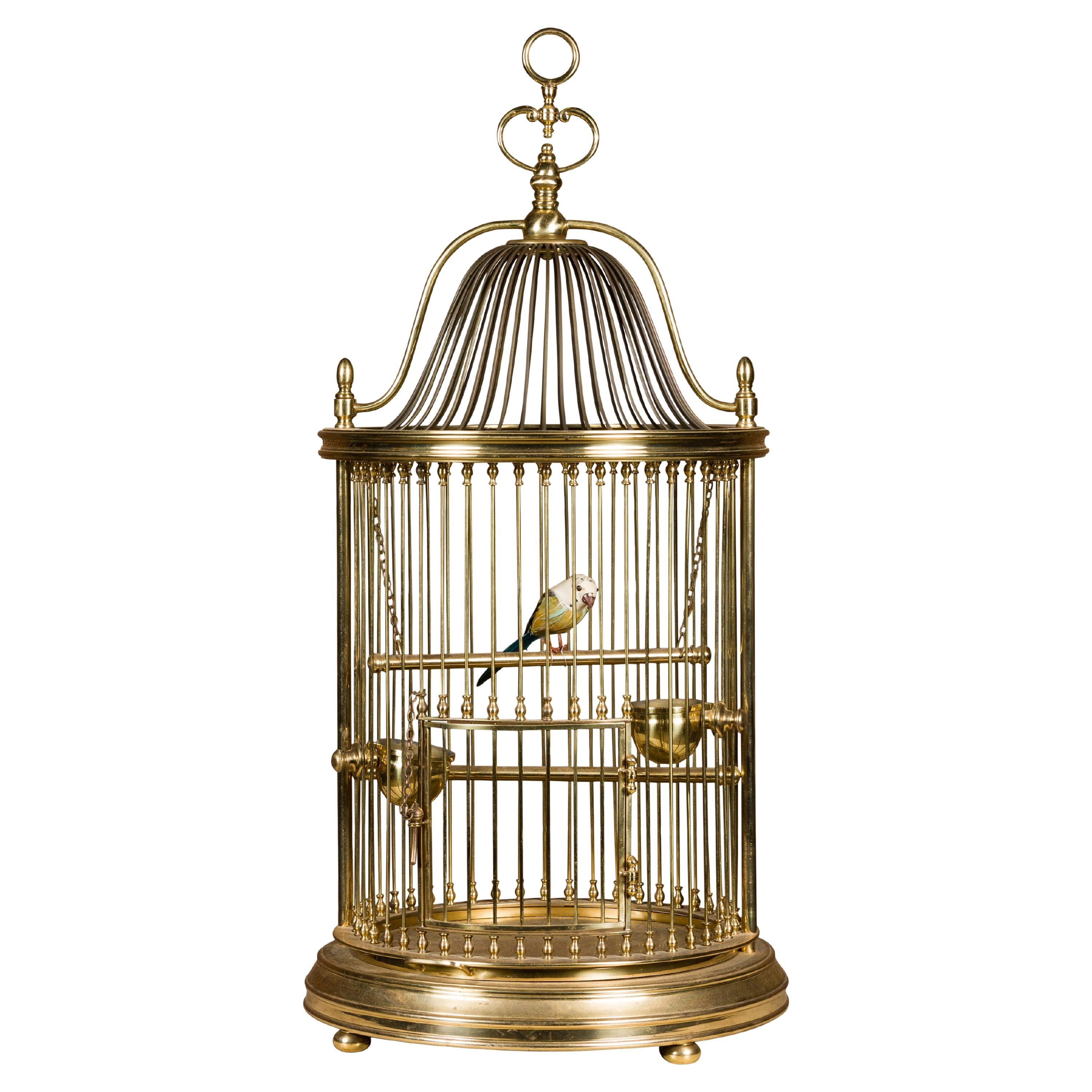 French Midcentury Brass Circular Birdcage with Decorative Bird