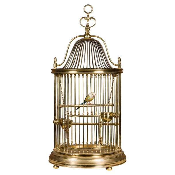 French Midcentury Brass Circular Birdcage with Decorative Bird For Sale ...