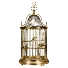 French Midcentury Brass Circular Birdcage with Decorative Bird