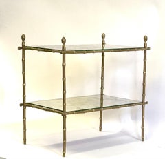 French Midcentury Brass Faux Bamboo & Patinated Mirror Side Table, Maison Bagues