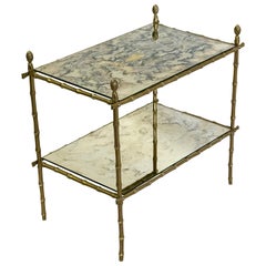French Midcentury Brass Faux Bamboo & Patinated Mirror Side Table, Maison Bagues