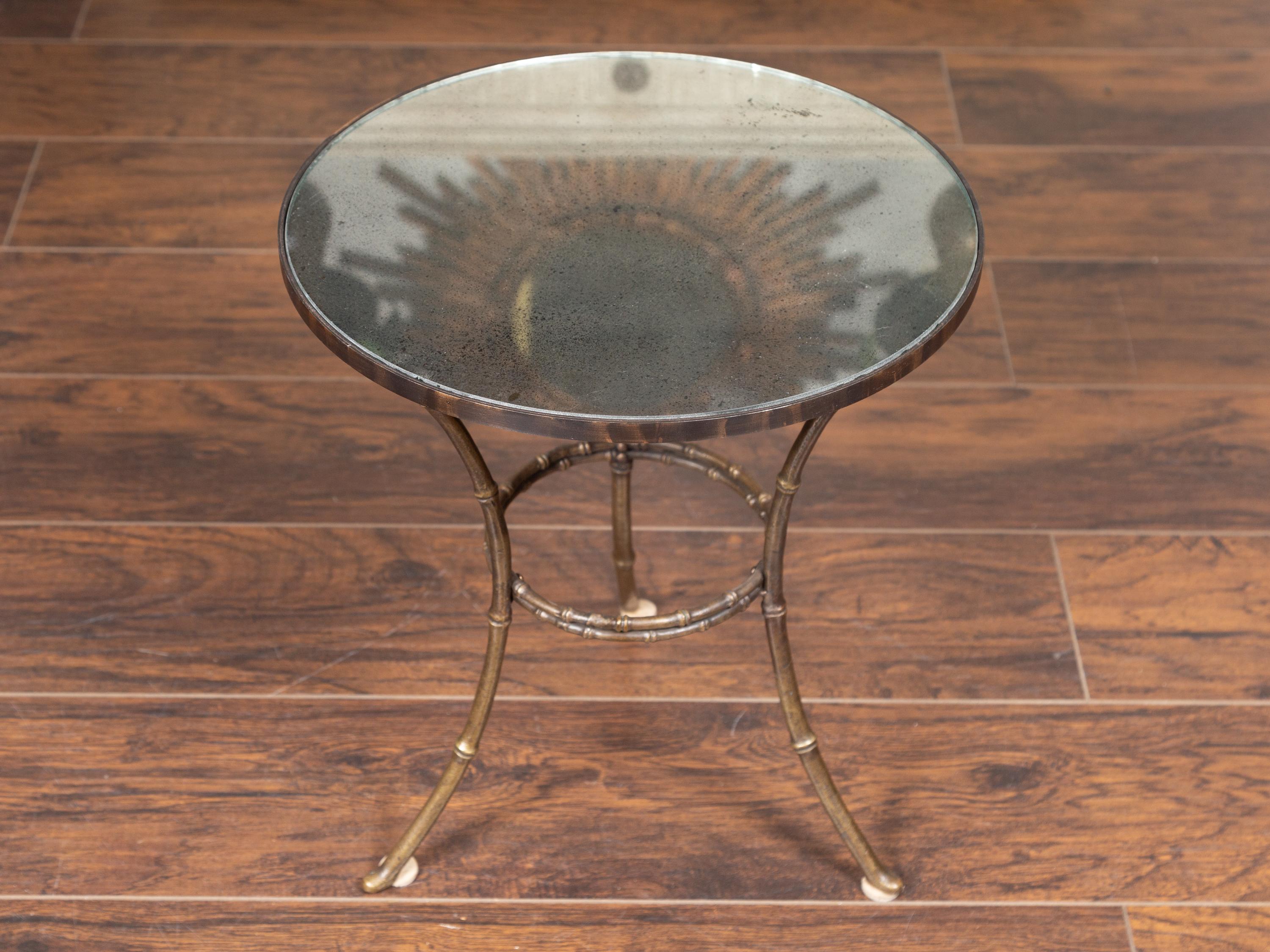 French Midcentury Brass Faux-Bamboo Style Side Table with Antiqued Mirror Top In Good Condition In Atlanta, GA