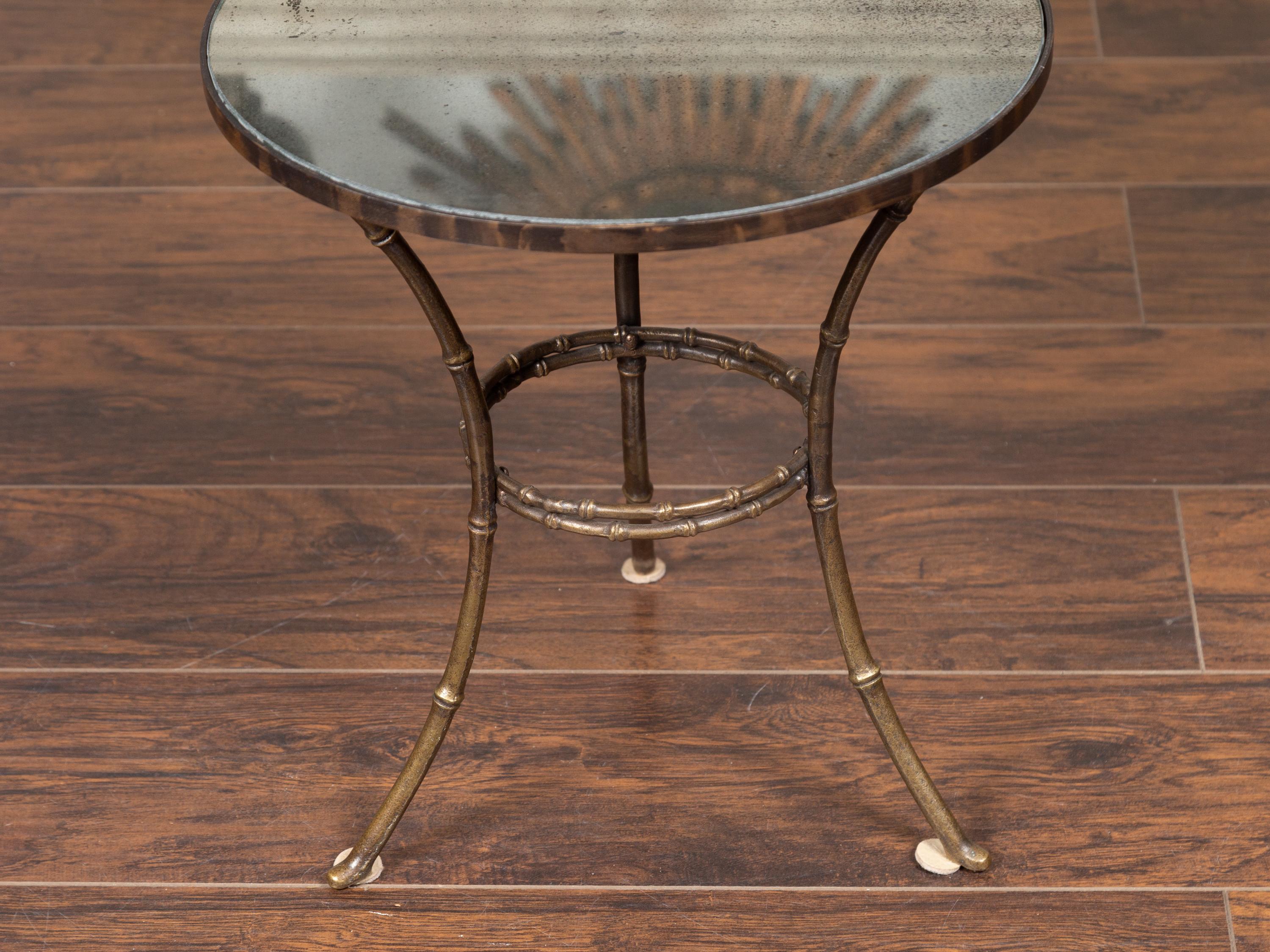 French Midcentury Brass Faux-Bamboo Style Side Table with Antiqued Mirror Top 1